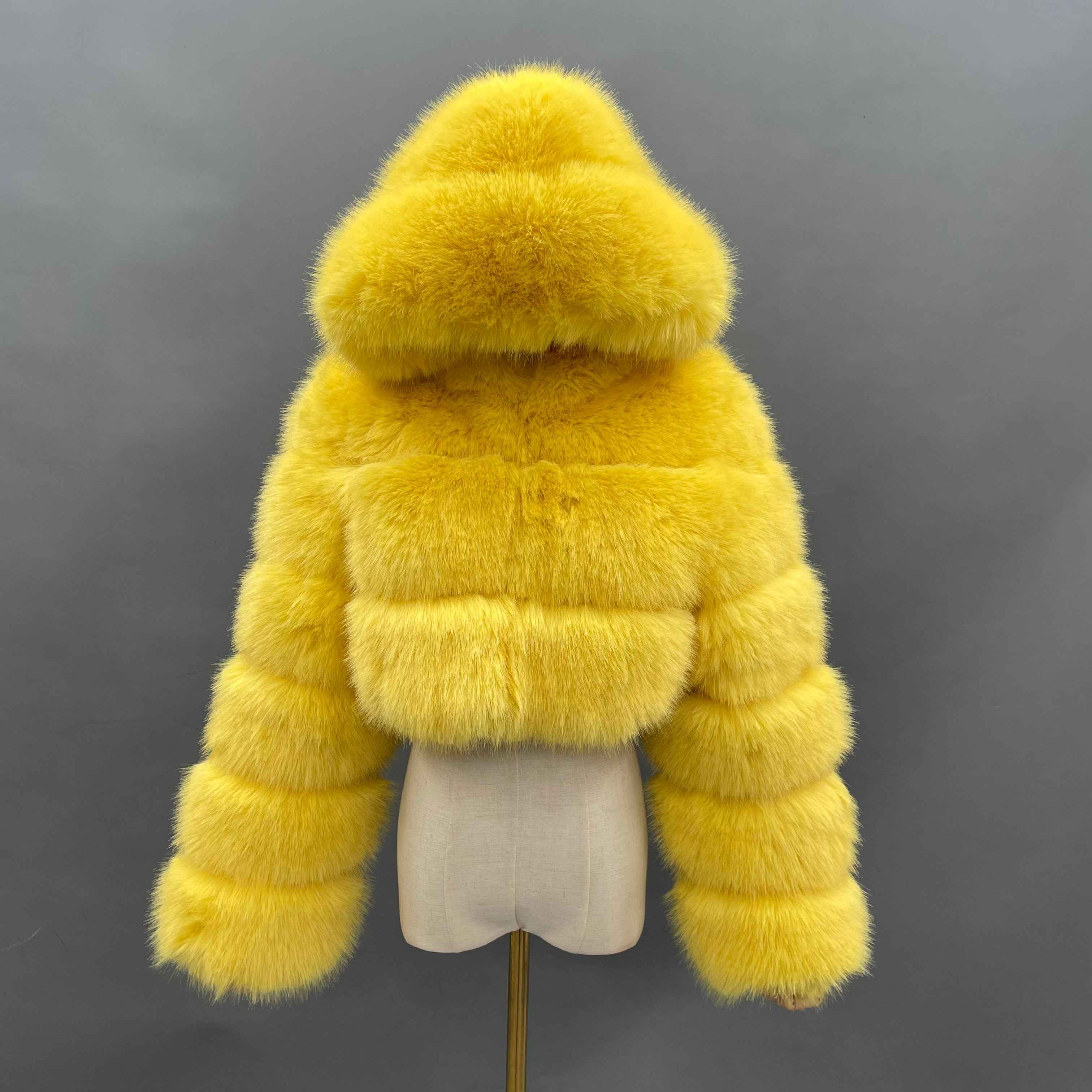Three - Panel Faux Fur Cropped Hooded Coat