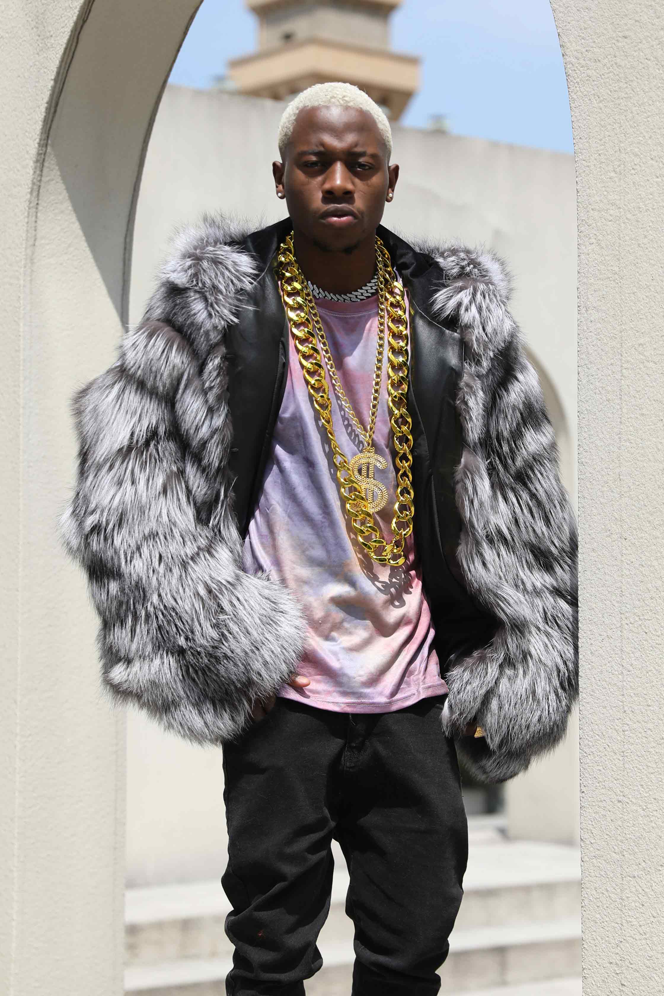 Silver fox diagonal stripe coat with a hood - Janefur