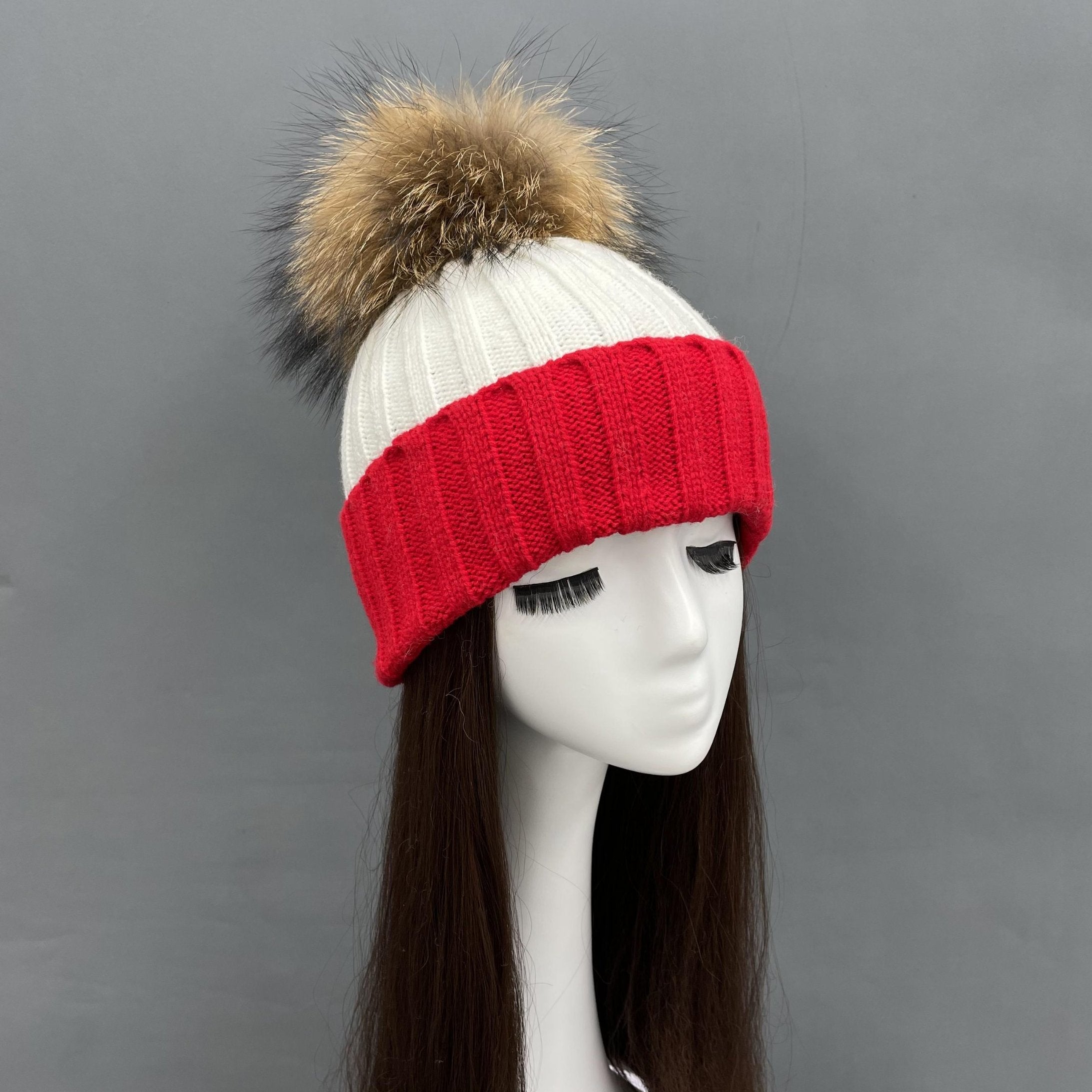 New Fall And Winter Striped With Fur Pom Pom Acrylic Hat - Janefur