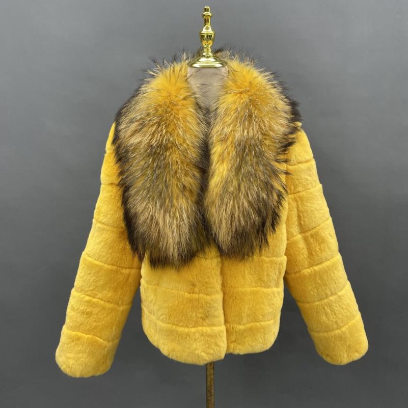 Warm Winter Women's Short Raccoon Fur Collar Rabbit Fur Coat - Janefur