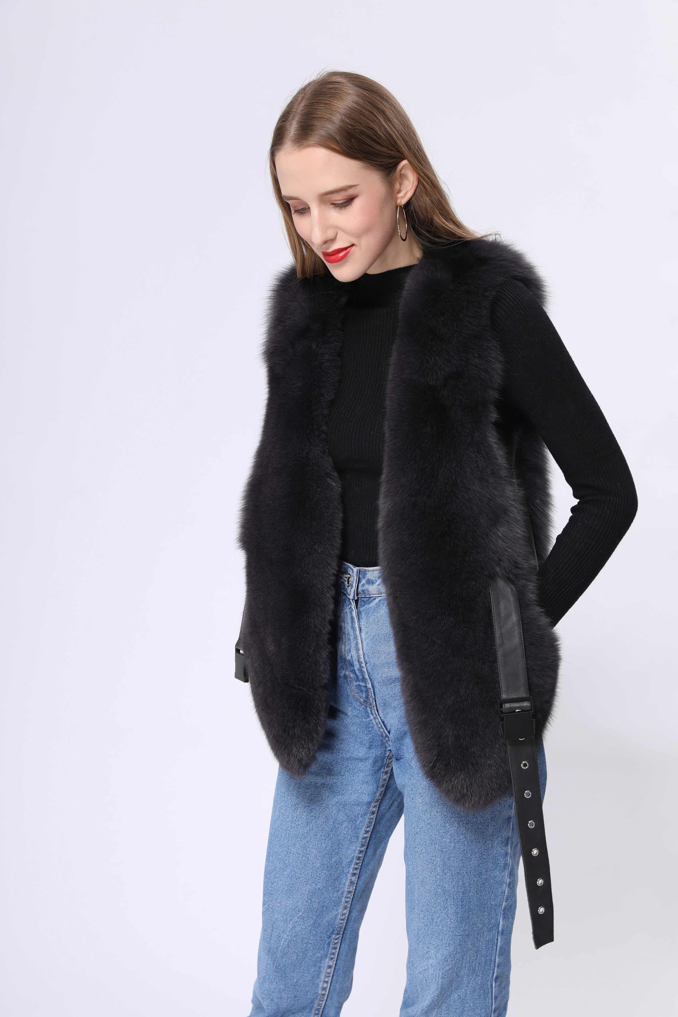 Fox Fur Vest Luxury High-quality Women's Belt Vest - Janefur