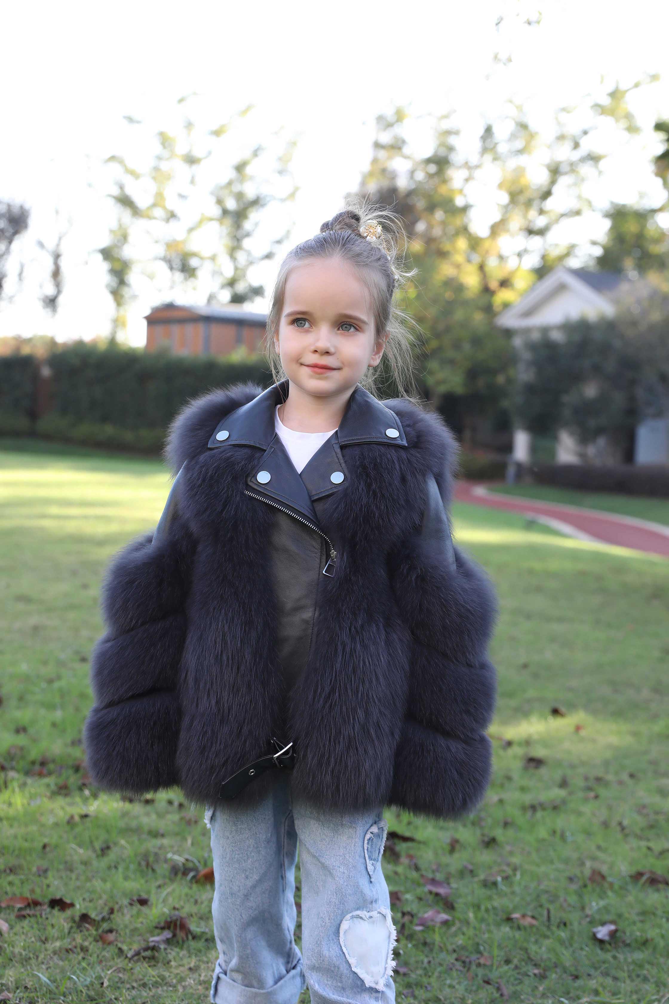 Children's Parent and Child Leather Collar Fox Fur Winter Coat - Janefur