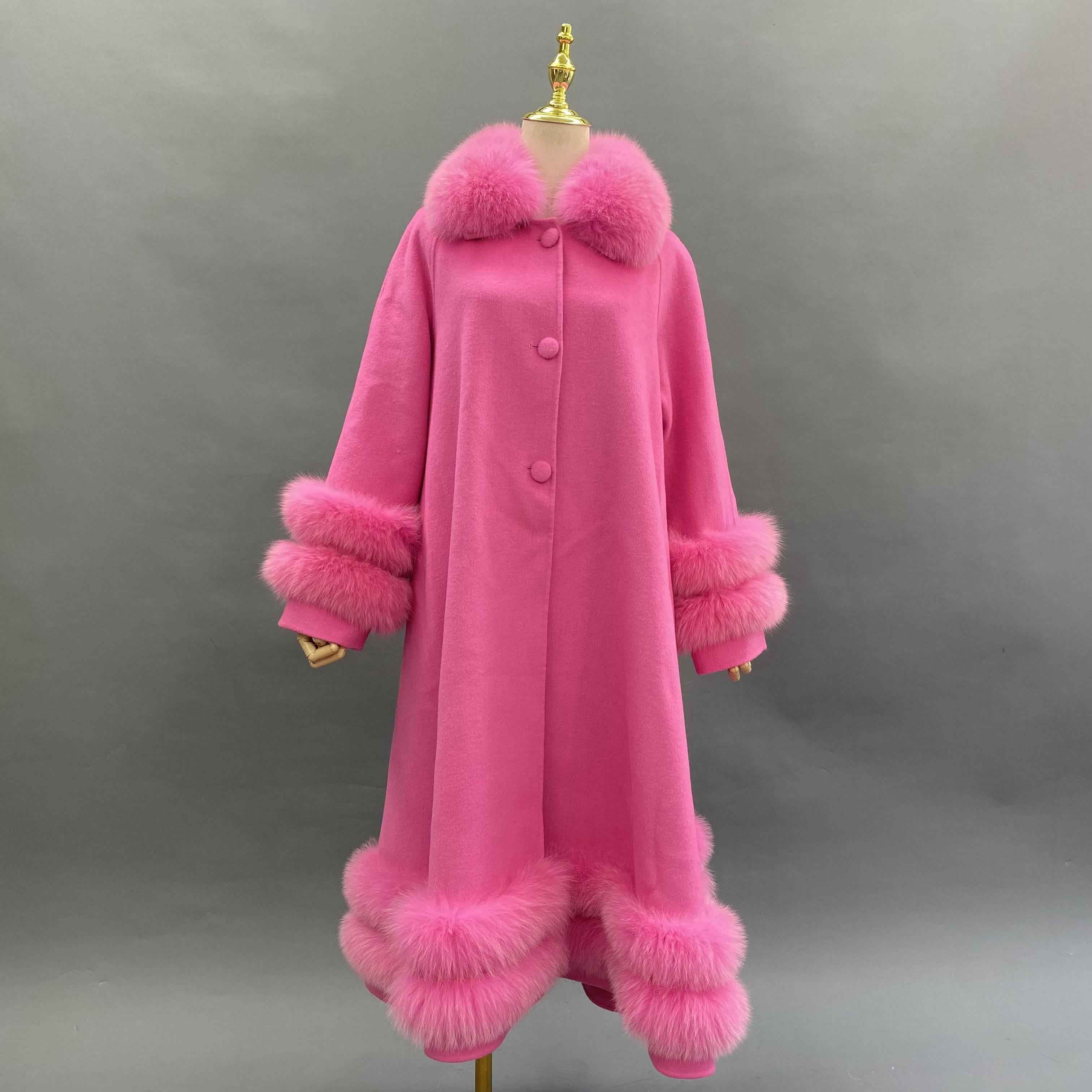 Women's Double Sided Cashmere Coat with Two Sections of Fur Collar at Hem and Cuffs 13#Hot Pink