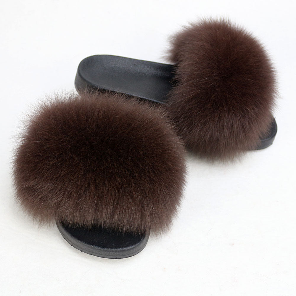 Janefur Wholesale Women's Fashion Slippers With Real Fox Fur Trim (Black, Gold, Silver Soles)