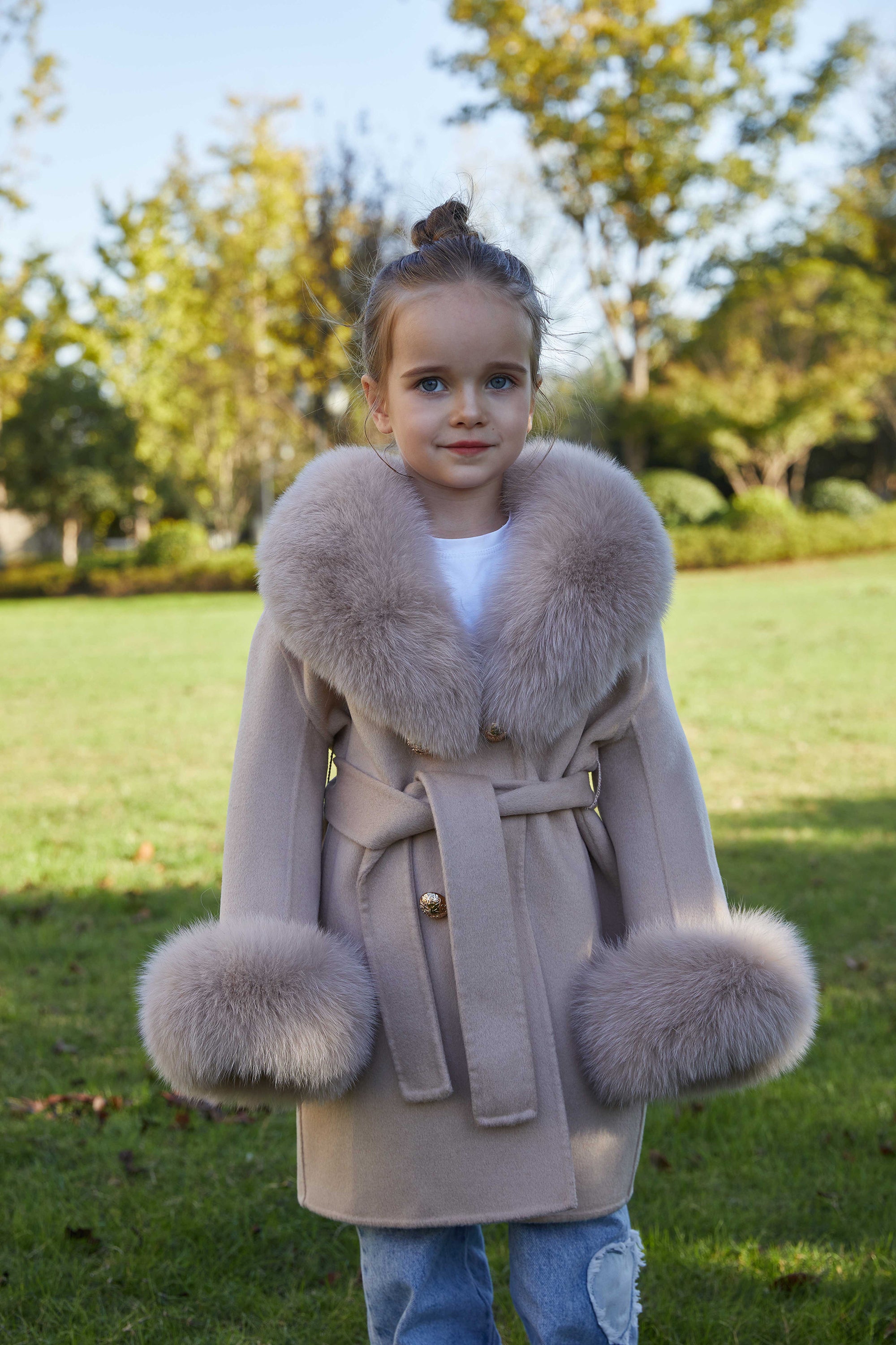 European Style Long Double Side Real Fur Shawl Collar Cashmere Wool Fur Children Coat