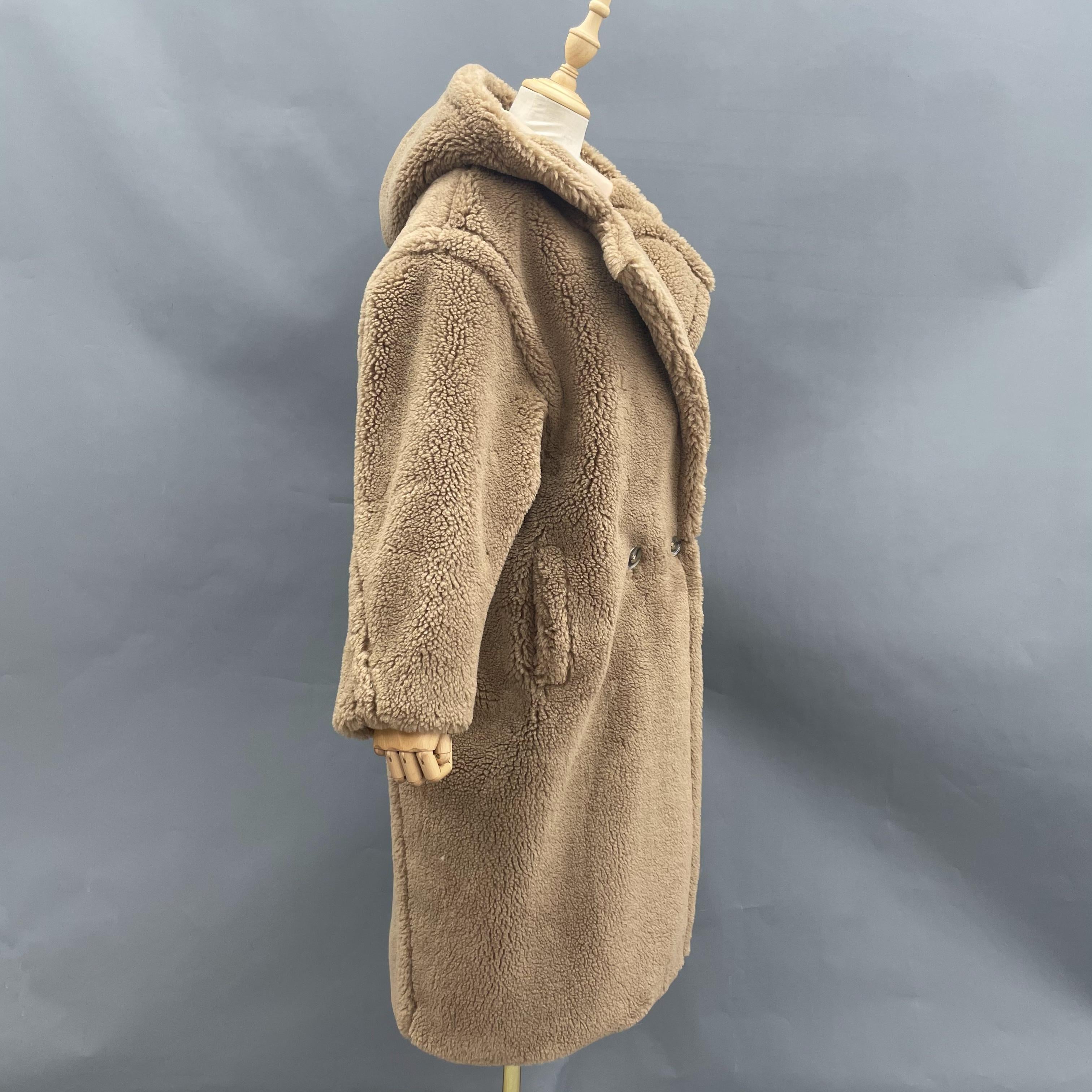 Women's Tan Hooded Teddy Fleece Long Coat with Double-Breasted Notched Lapel - Warm Winter Outerwear