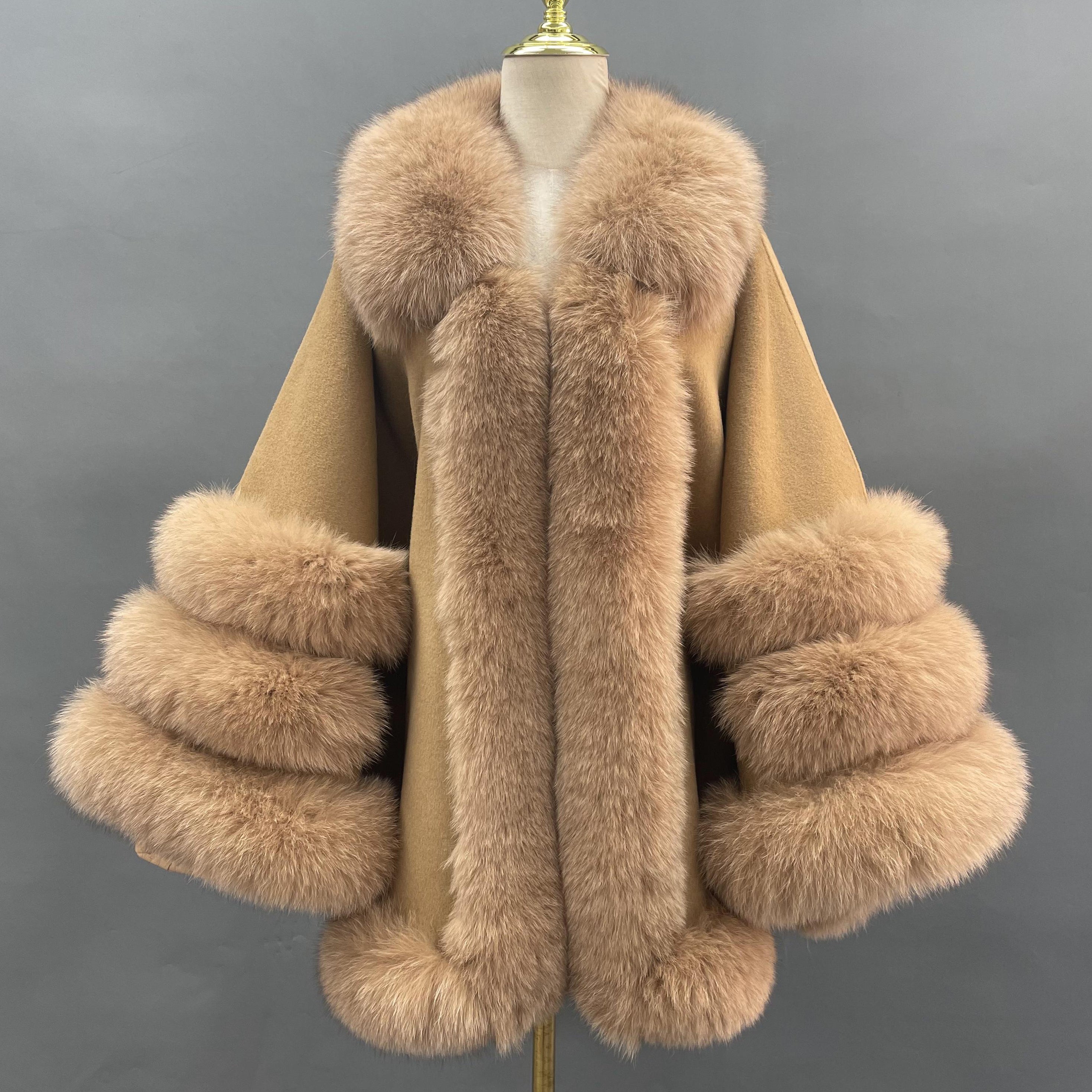 Women’s Camel Wool Cape with Real Fox Fur Trim – Elegant Sleeveless Coat for Luxury Winter Fashion 2#Camel M