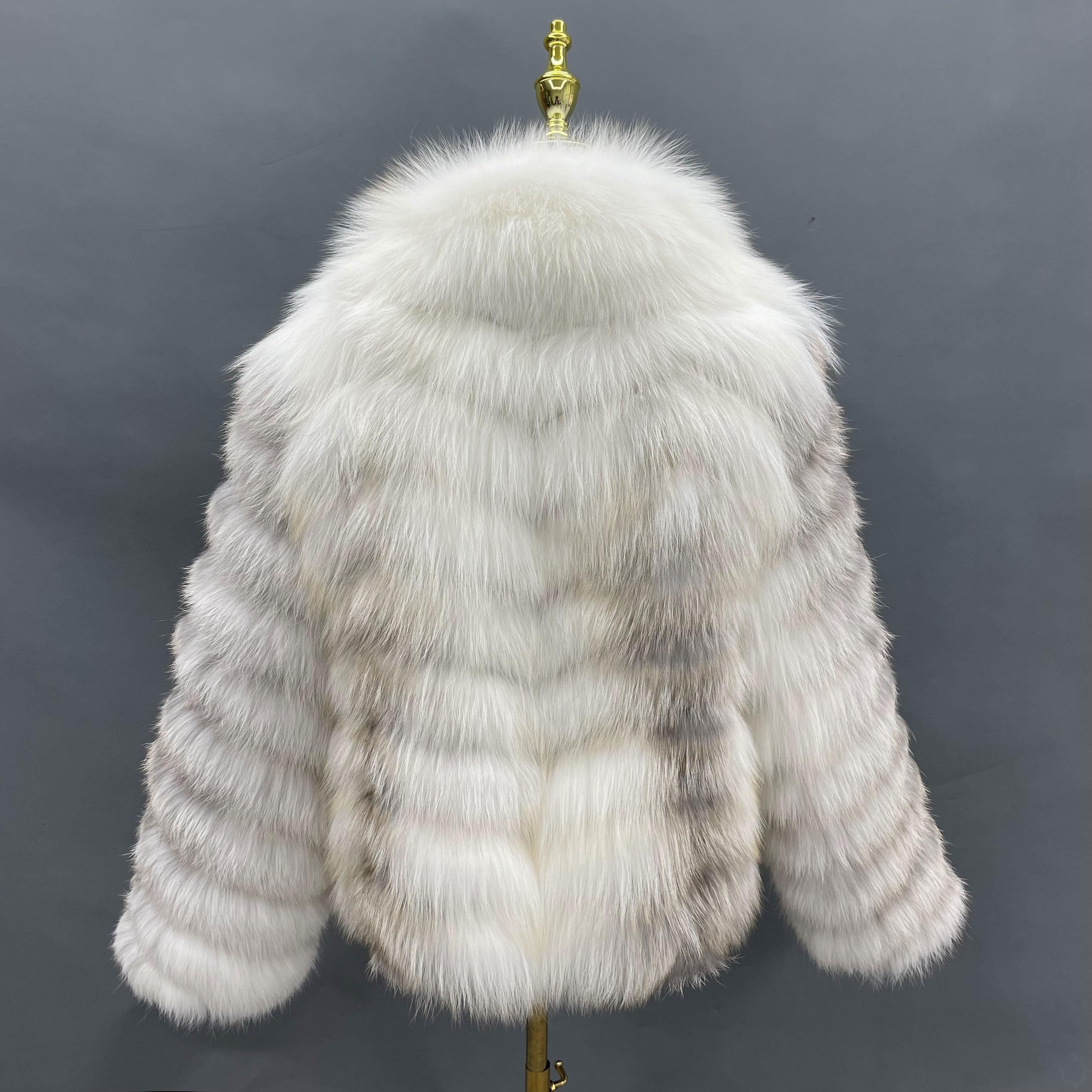 Real Fox Fur Jacket for Women – Short Length, Carved Stripe Design, Large Collar Winter Outerwear