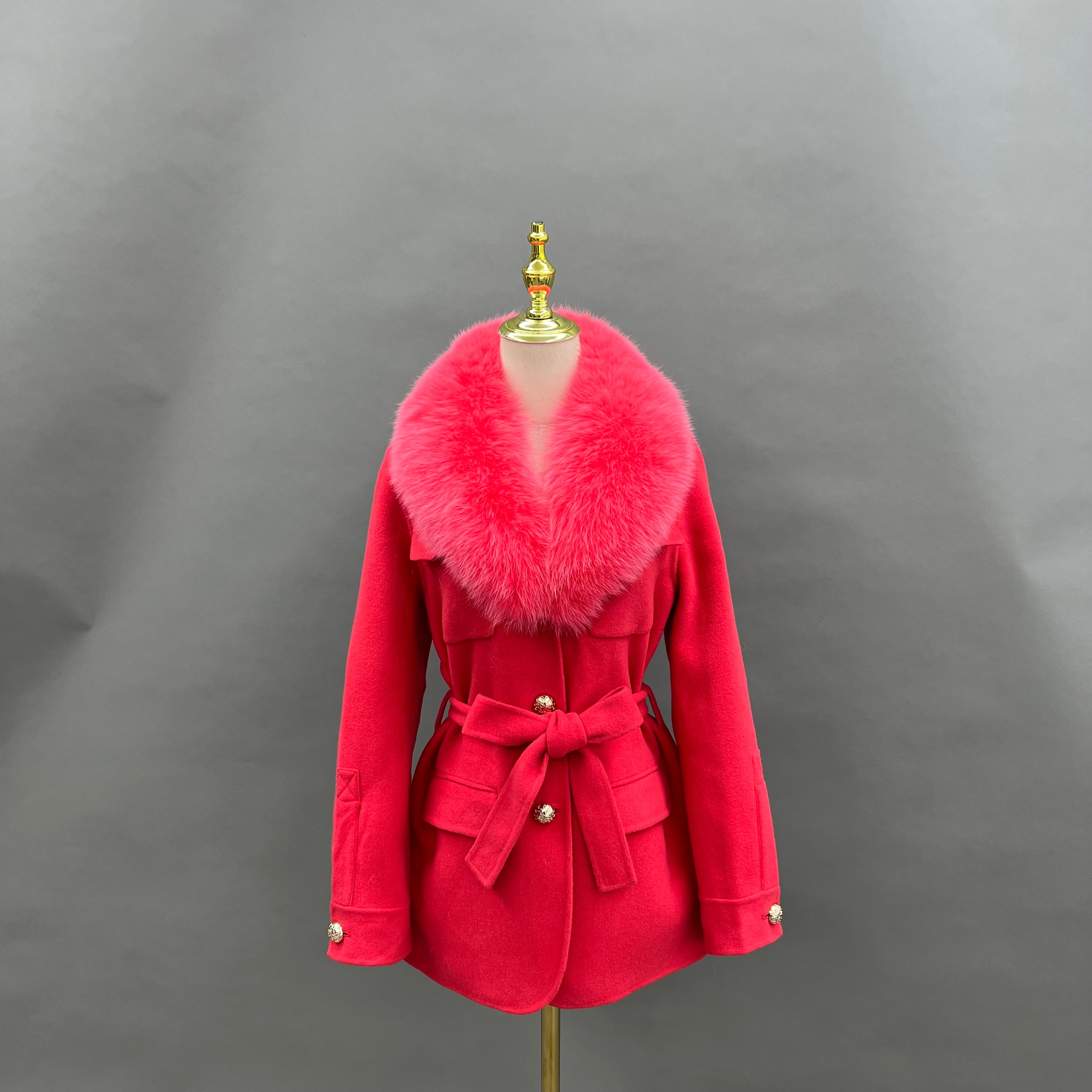Women’s Red Wool Coat with Real Fox Fur Collar – Belted Mid-Length Winter Jacket for Elegant Fashion Red