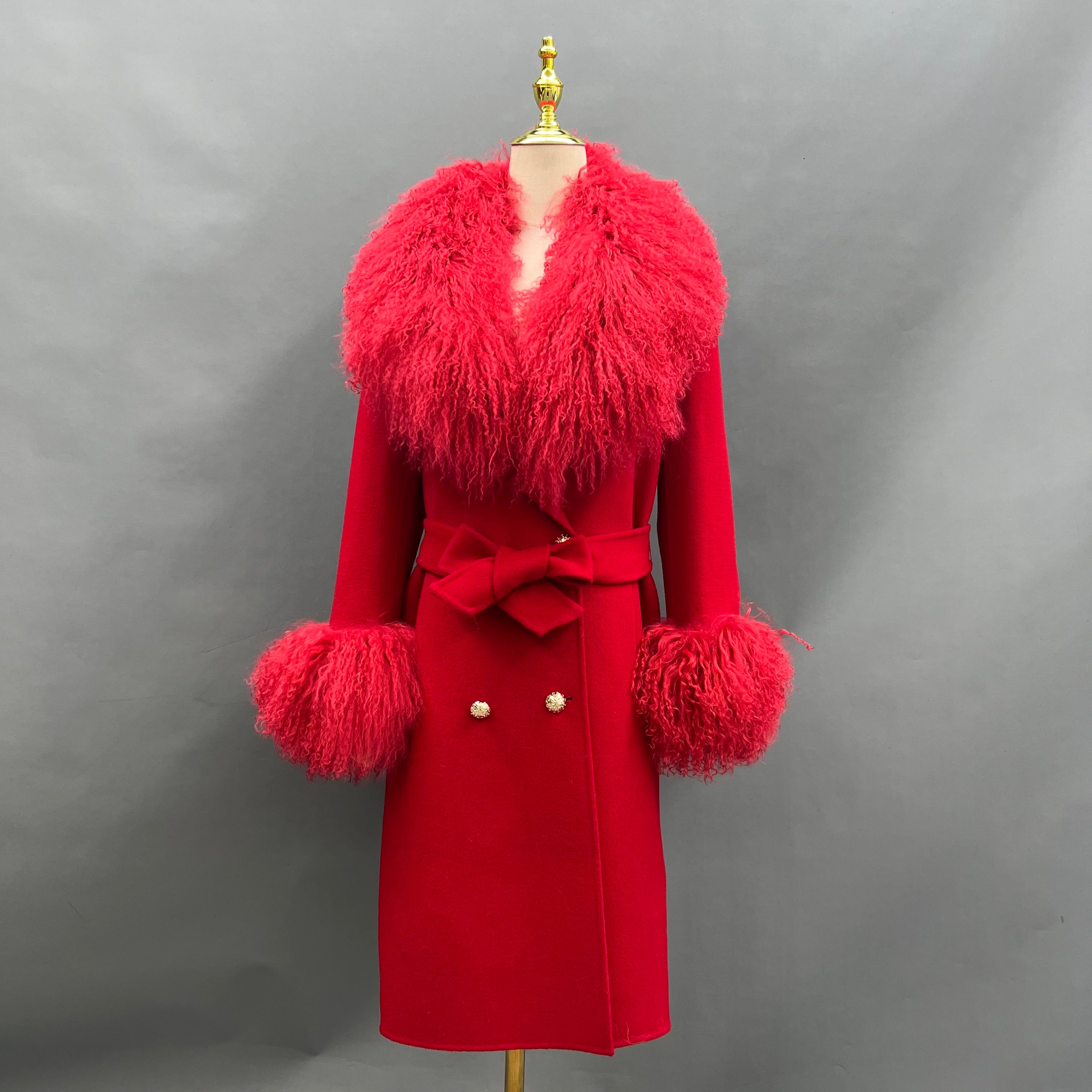 Women's Pink Double-Faced Wool Coat with Real Tansu Lamb Fur Collar – Curly Fur Trim, Elegant Winter Outerwear for Women 9#Bright Red