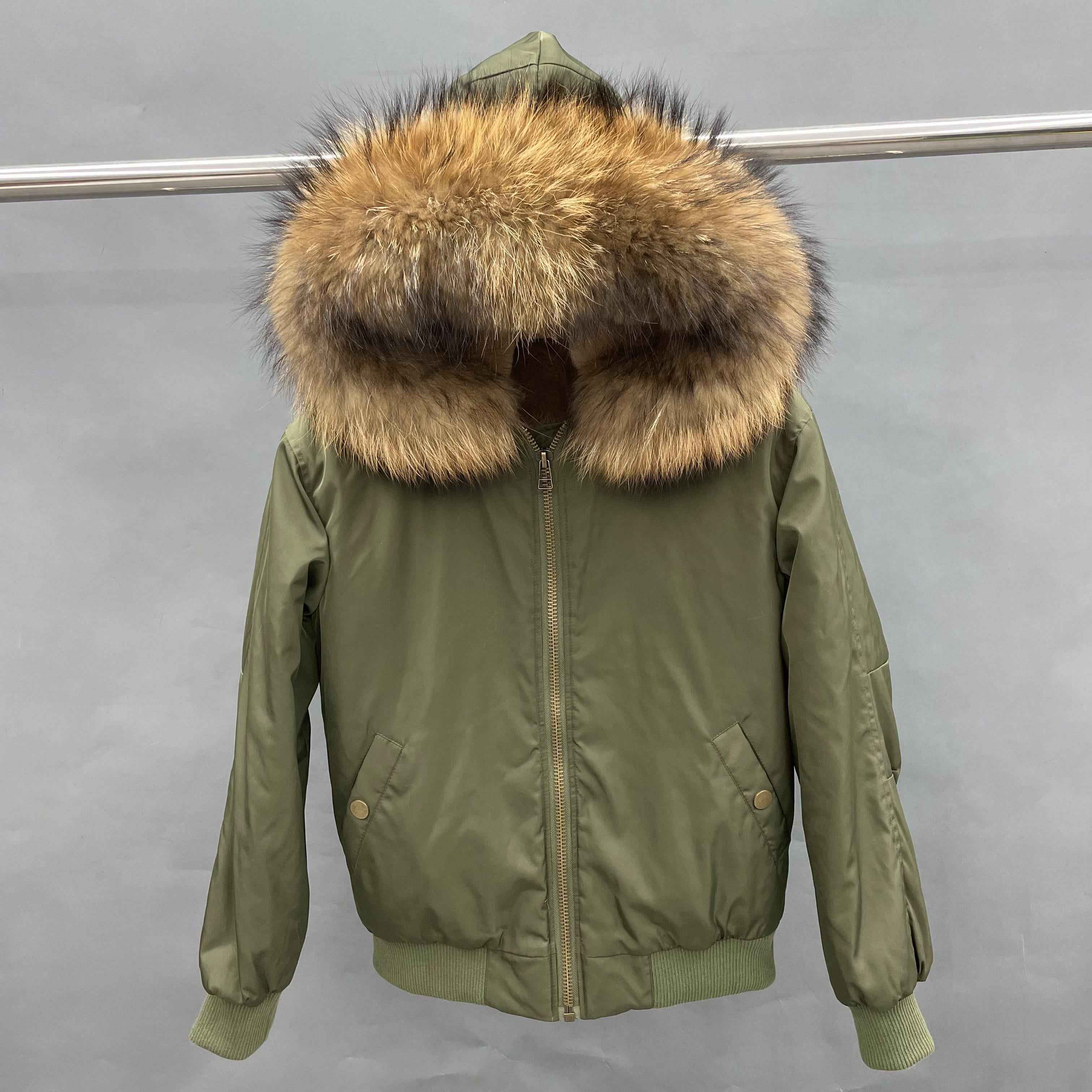 Women's Bomber Jacket with Raccoon Fur Collar – Winter Flight Jacket, Faux Fur Trim Aviator Coat for Cold Weather 4#Green