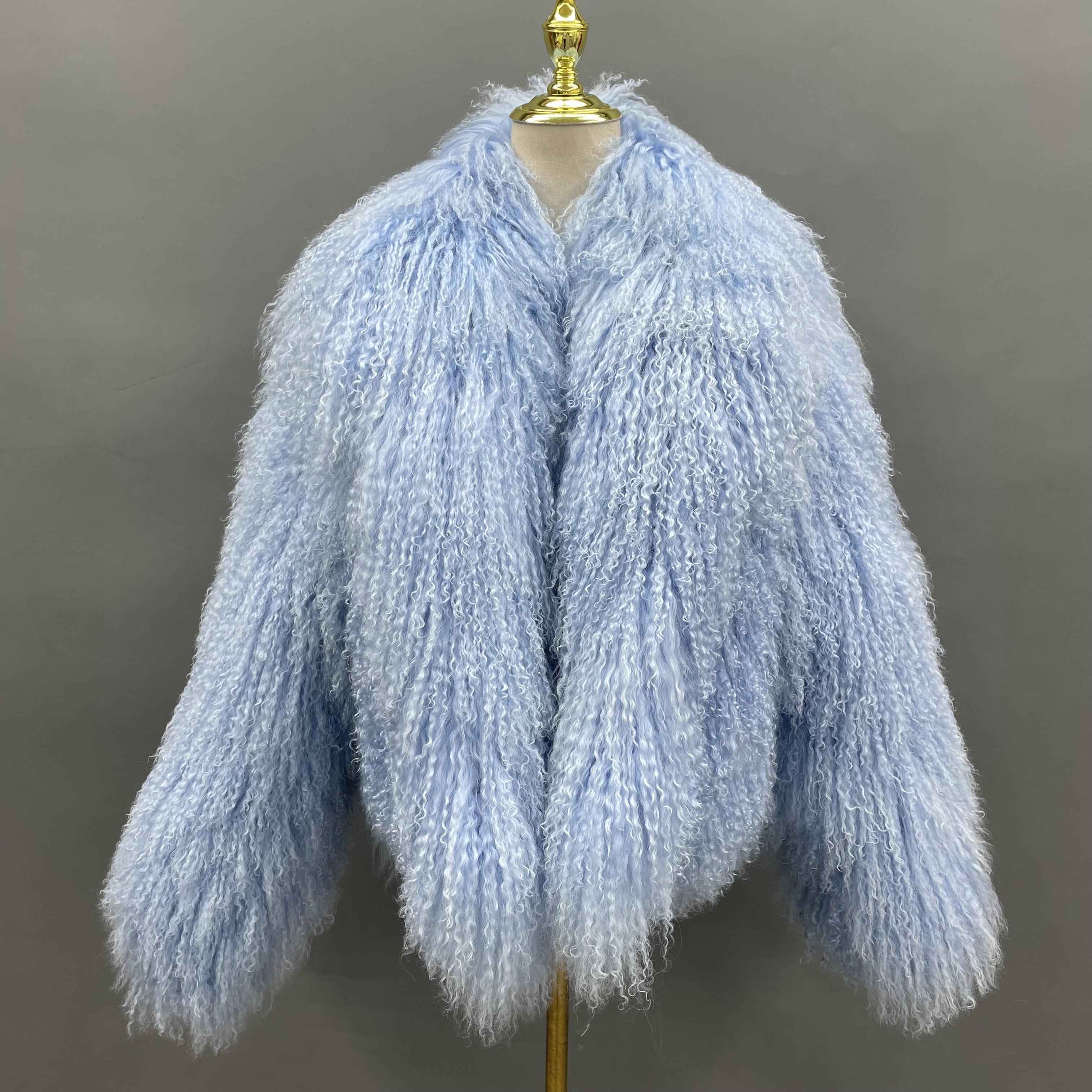 Women's Short Emerald Green Mongolian Lamb Fur Jacket – Notch Lapel, Curly Hair, Stylish Winter Outerwear for Women 3#Light Blue