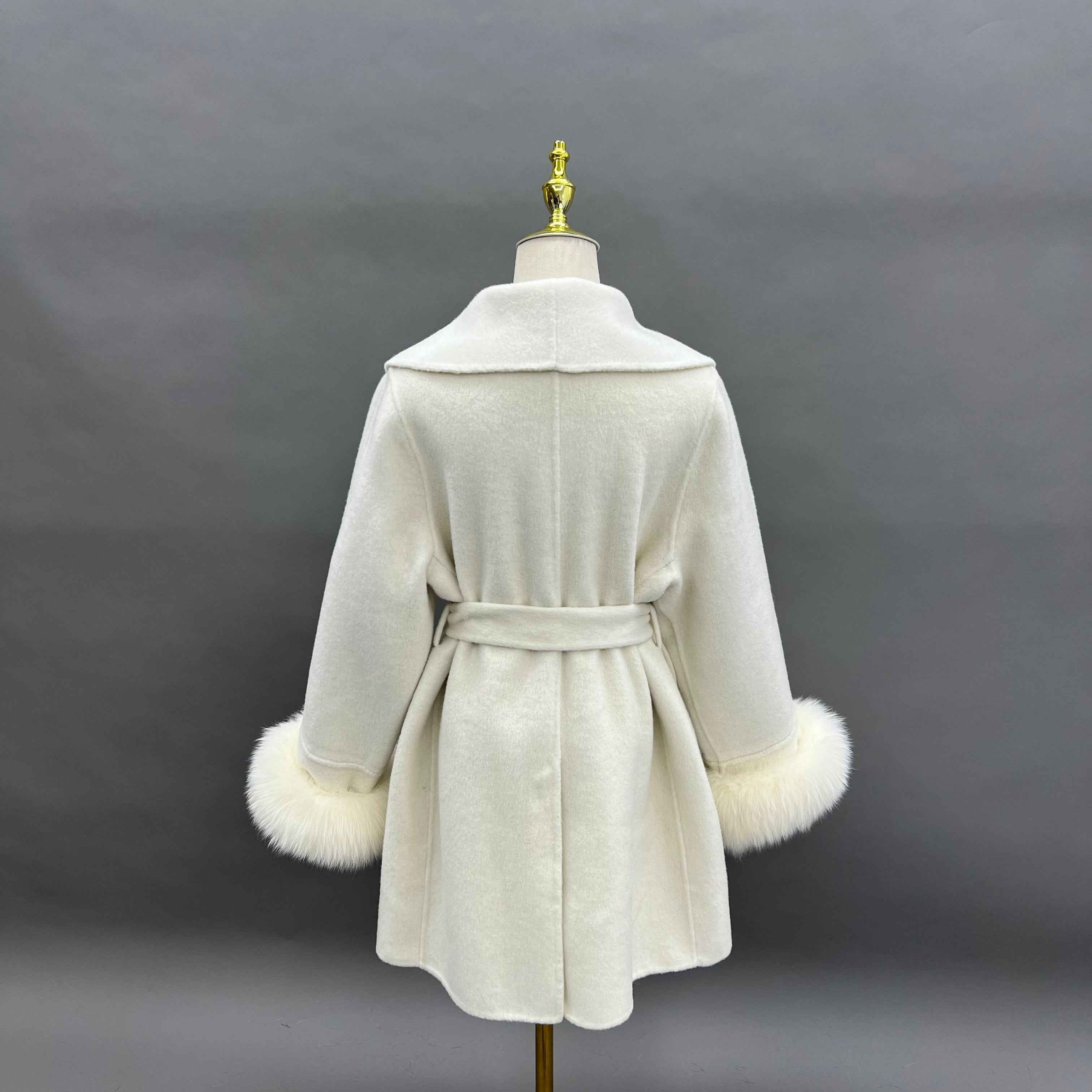 Cashmere Double Faced Coat with Rhinestone Brooch, Fox Fur Collar, Fox Fur Cuffs and Tie Belt