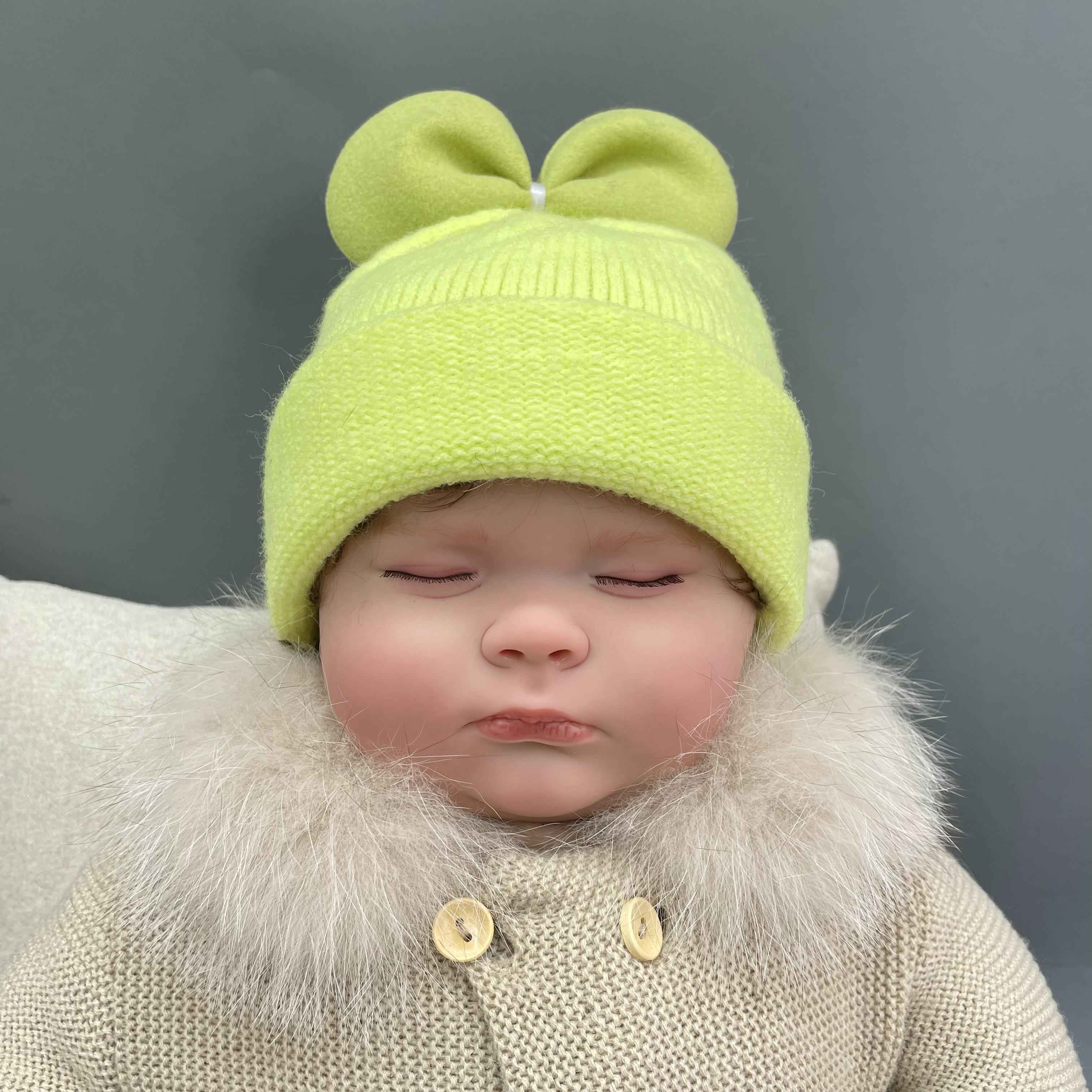 Girls' Lime Green Knit Beanie with Large Bow – Cute Winter Hat for Kids, Stylish & Warm