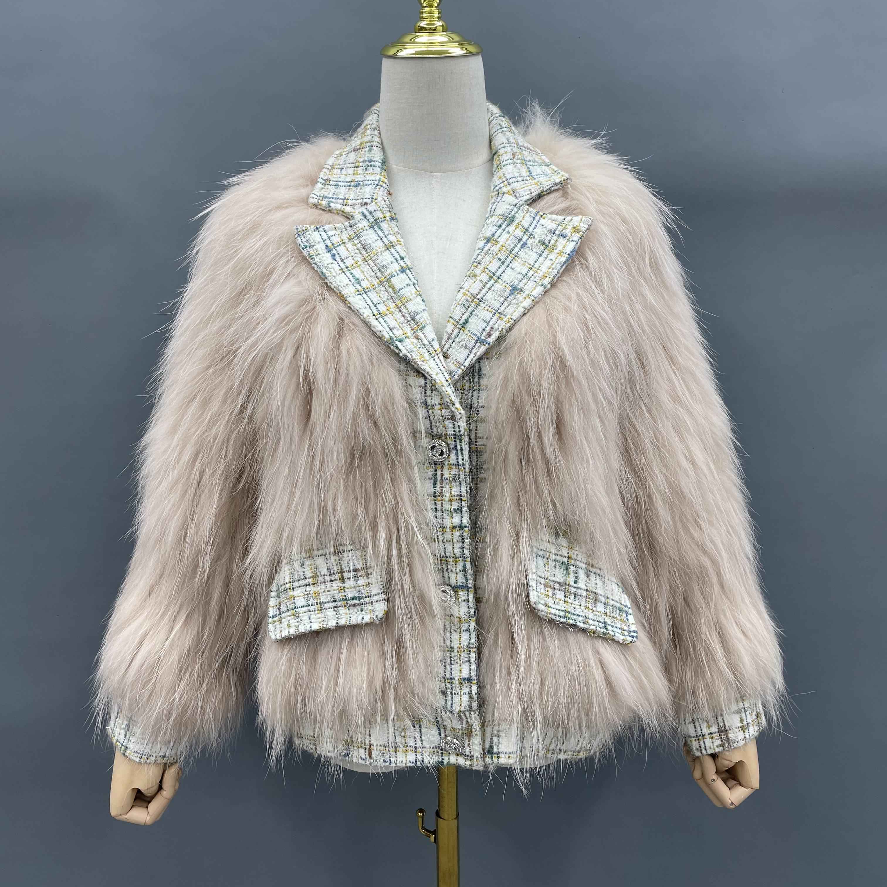 Women's Luxurious Raccoon Dog Fur Jacket with Chanel-Style Tweed & Notched Lapel - Knitted Winter Outerwear