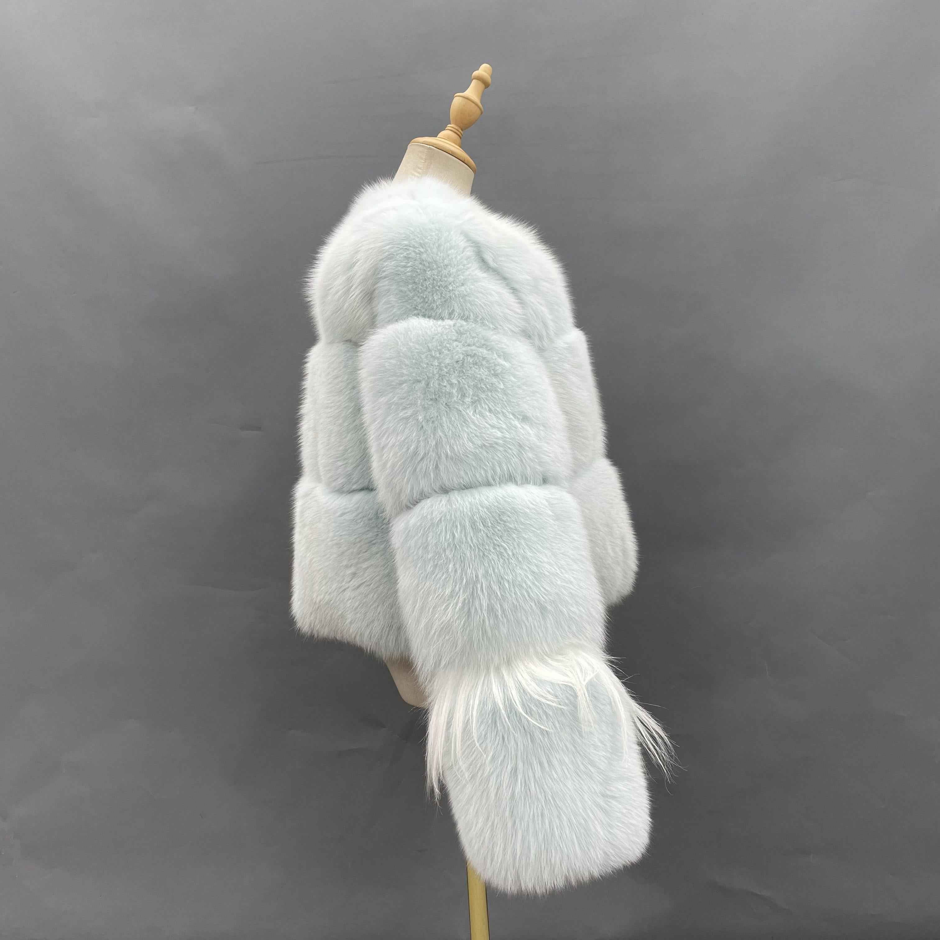 Women's Luxury Light Aqua Fox Fur Cropped Jacket - Long-Haired Cuff Detail Winter Fashion Warm Outerwear