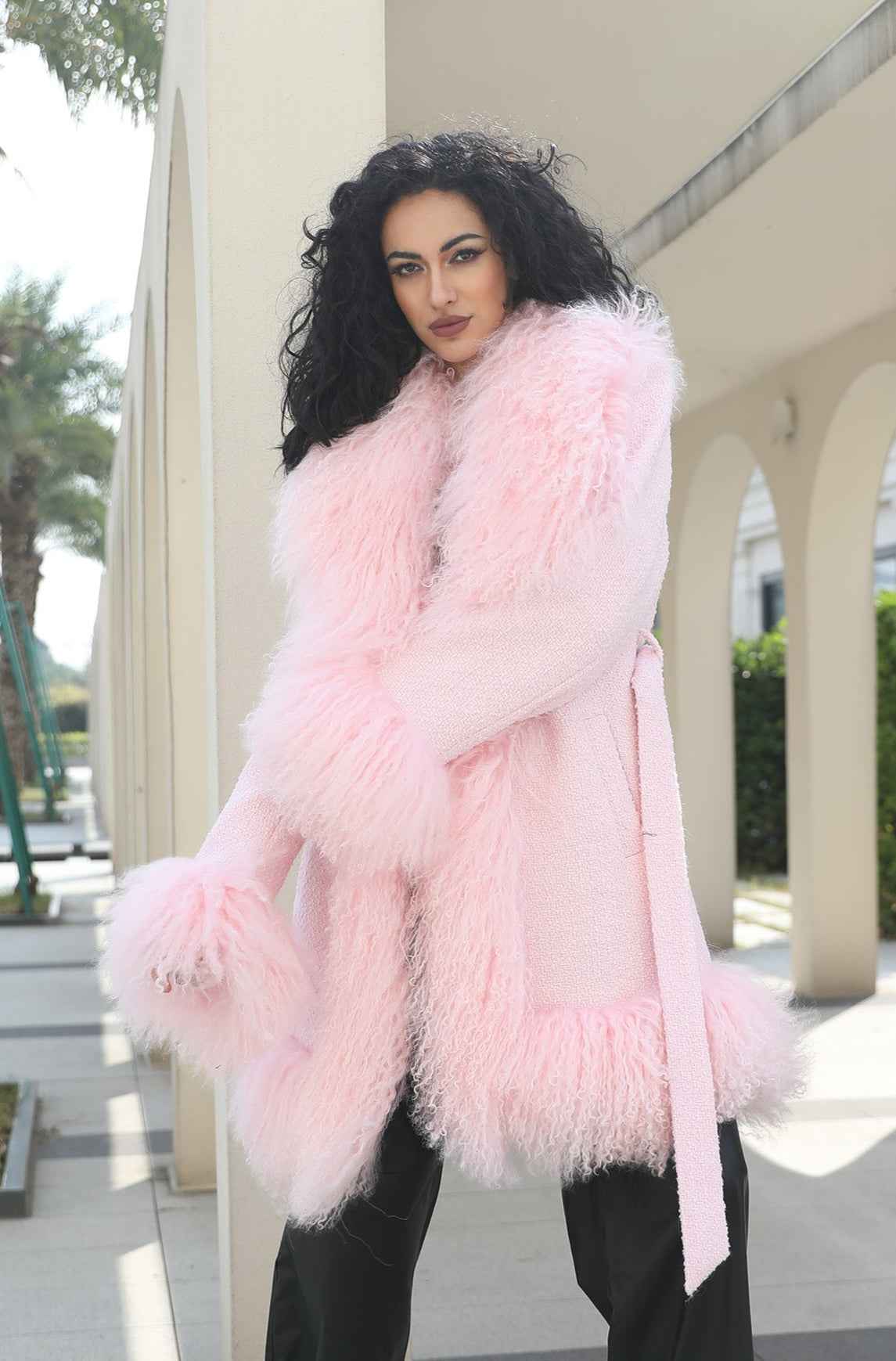 Cashmere Mid-Length Coat with Tibetan Lamb Fur Collar, Cuffs and Tie Waist