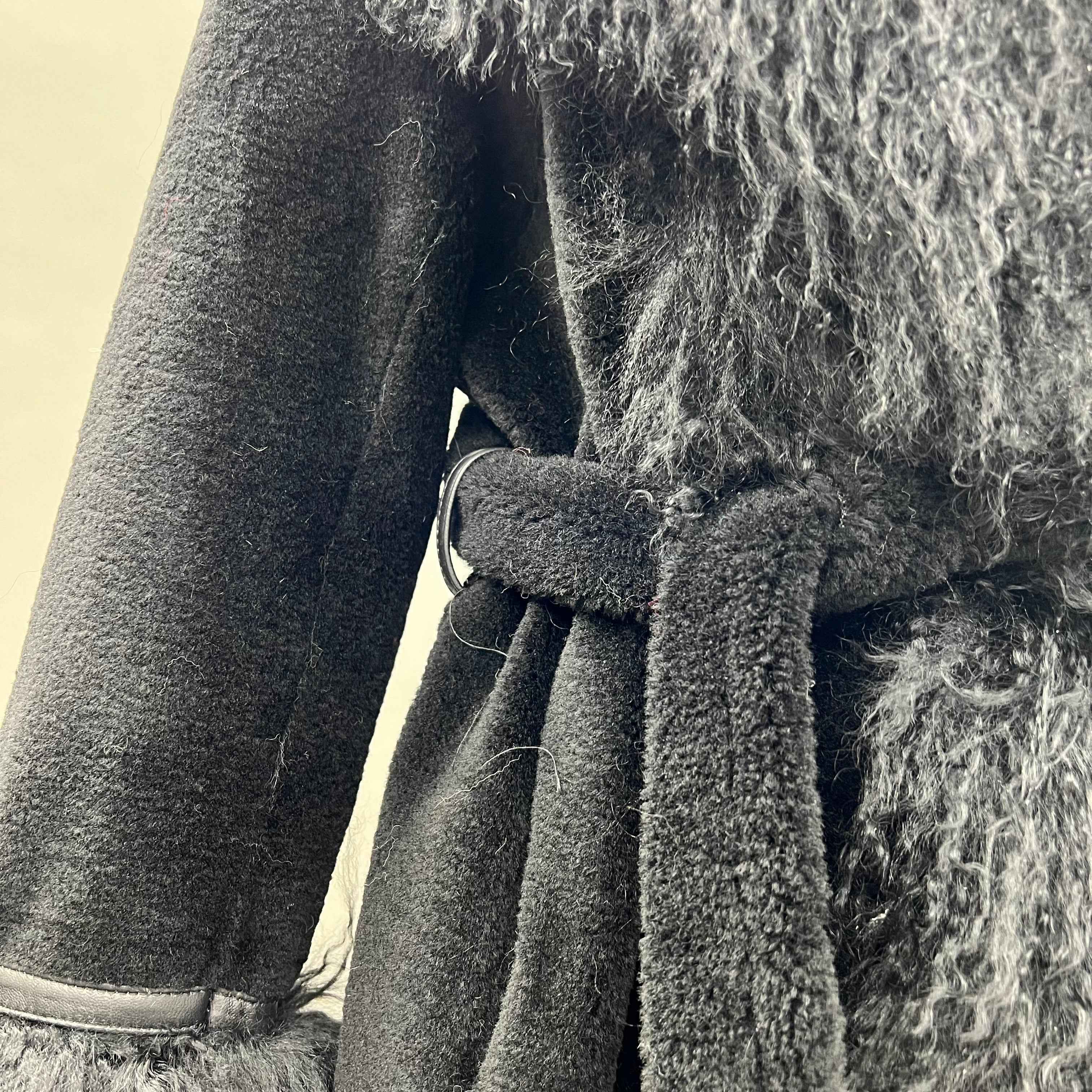 Luxury Shearling Long Coat with Tibetan Lamb Fur Trimmed Cuffs & Placket, Belted Design