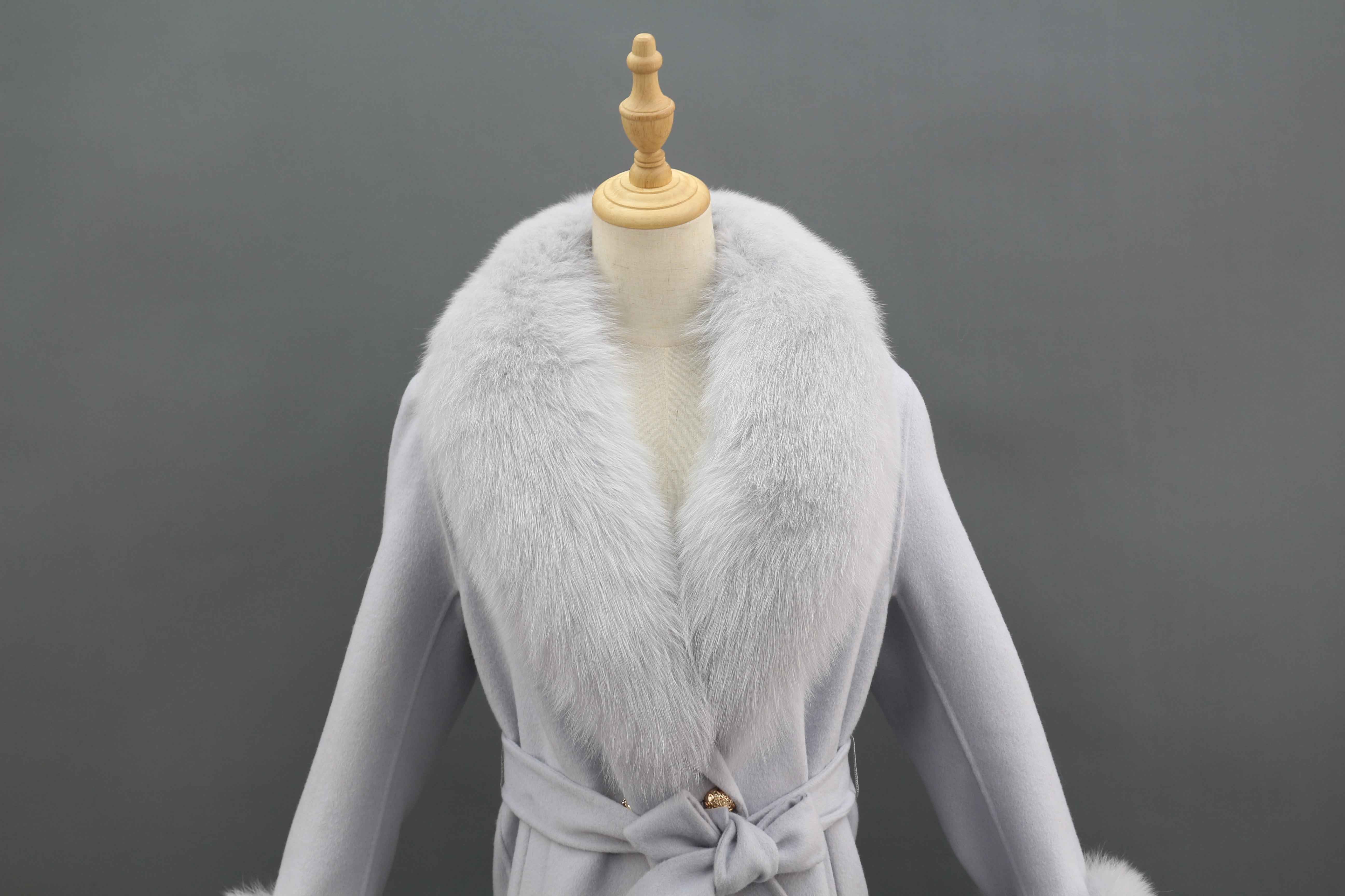 Luxurious Double - Faced Wool Long Coat with Large Fox Fur Collar, Fur Cuffs and Tie Waist