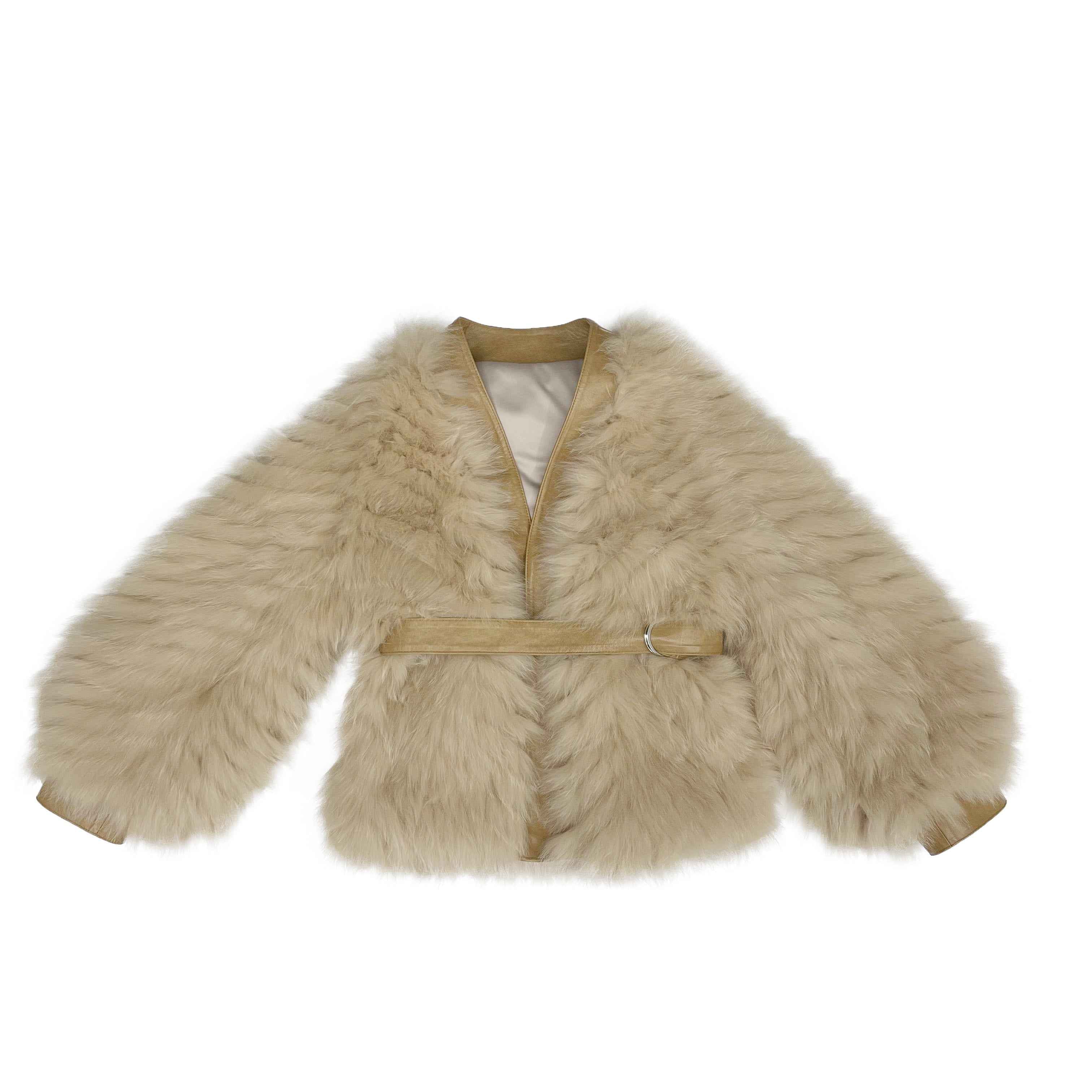 Women's Luxury Fox Fur Relaxed Fit Jacket - Chevron Stripe Design with Leather Belt Detail Winter Fashion Outerwear
