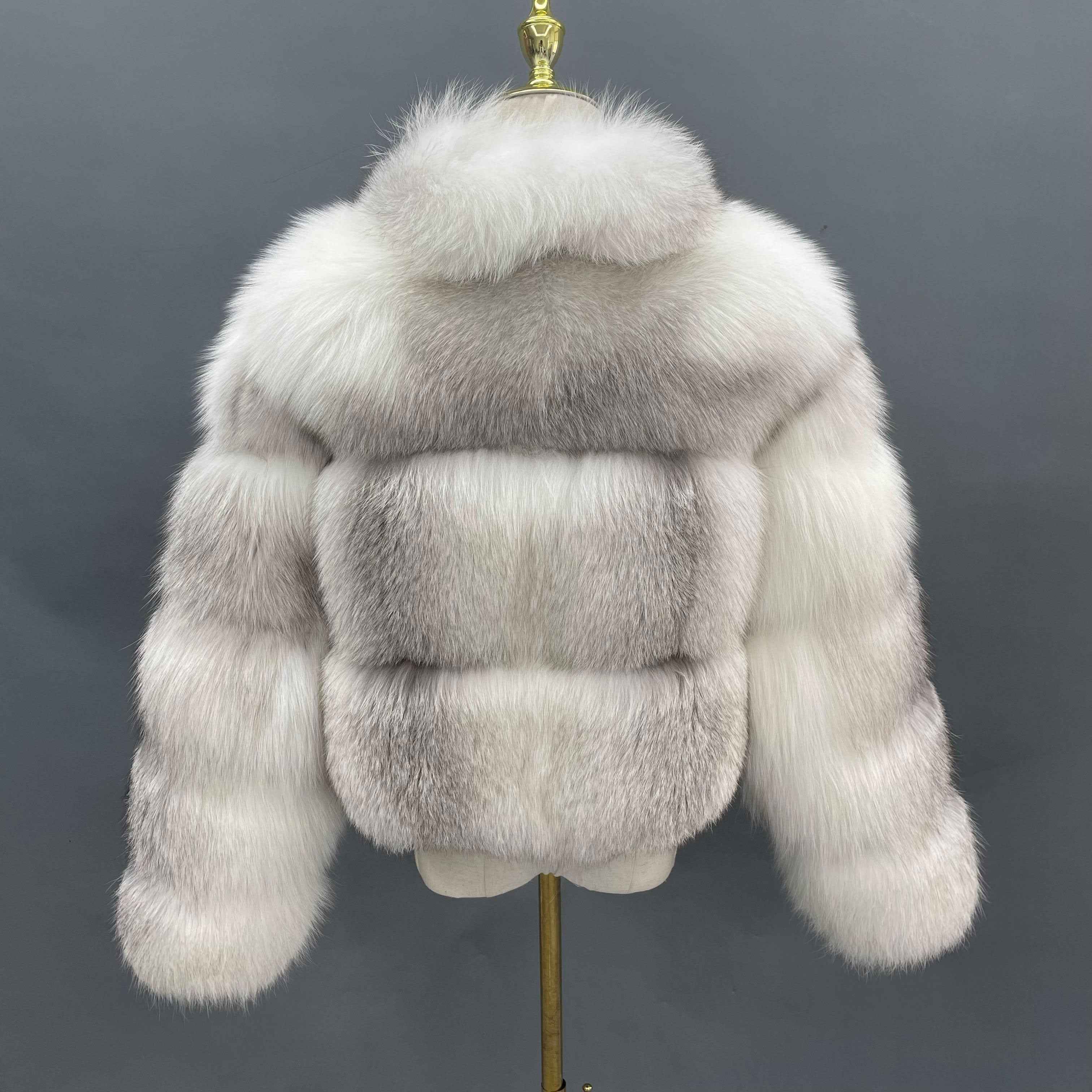 Women’s Stand Collar Fox Fur Jacket with Five-Section Sleeves – Elegant Short Coat in Cream and Brown for Luxury Winter Fashion