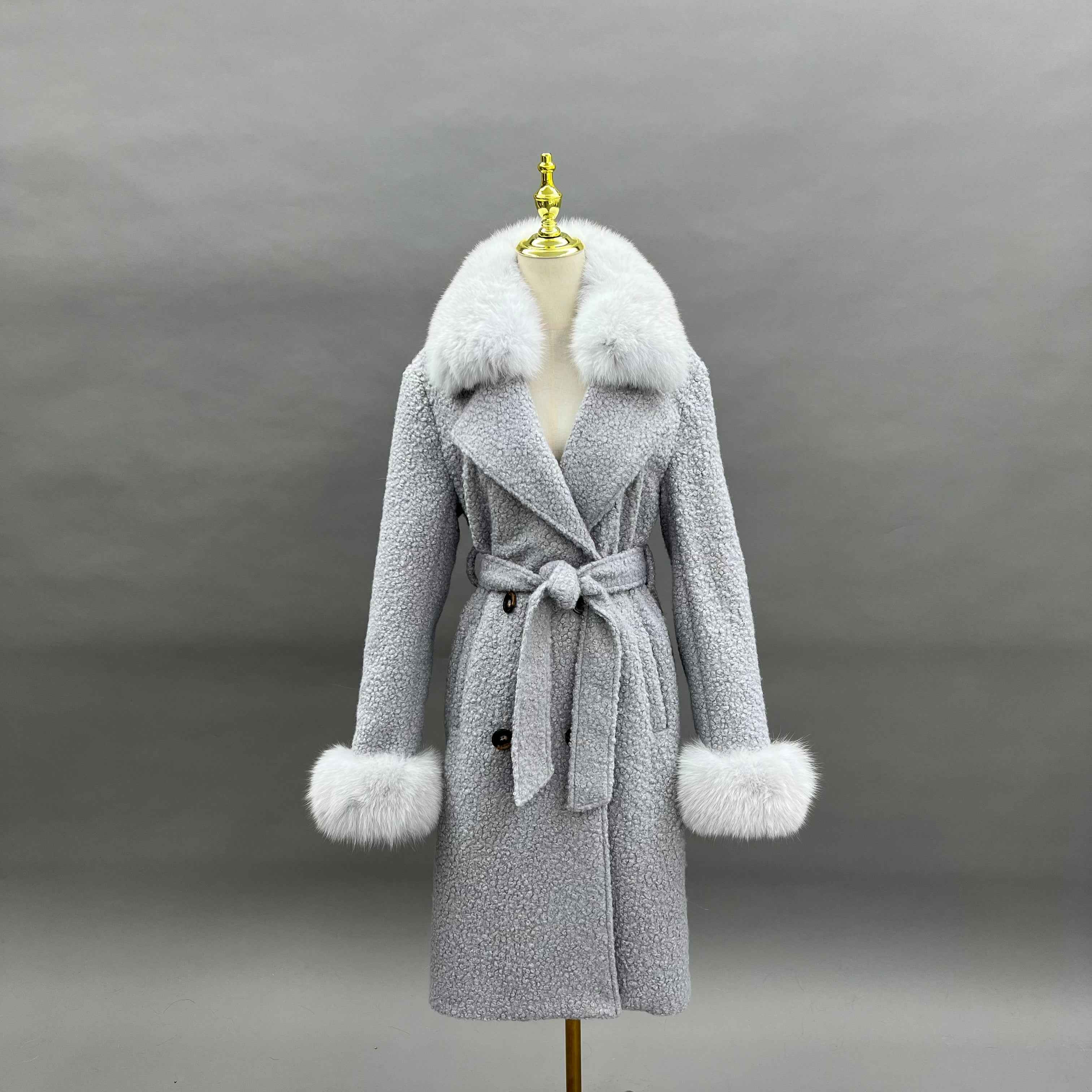 Women's Single - Faced Cashmere Coat with Faux Fur Collar and Cuffs, Belted Winter Outerwear