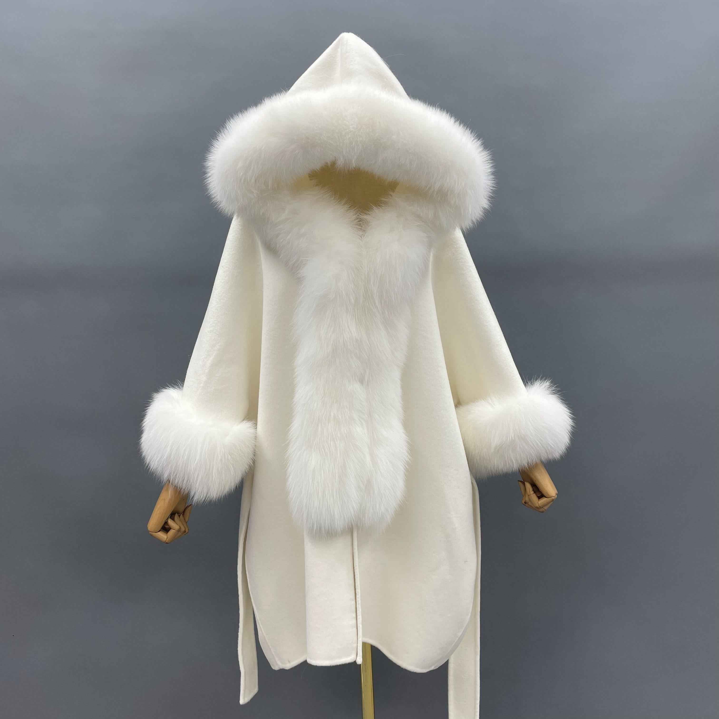 Asymmetrical Double-Faced Wool Coat with Fox Fur Trim Hood and Cuffed Sleeves – High Low Hem Luxury Overcoat