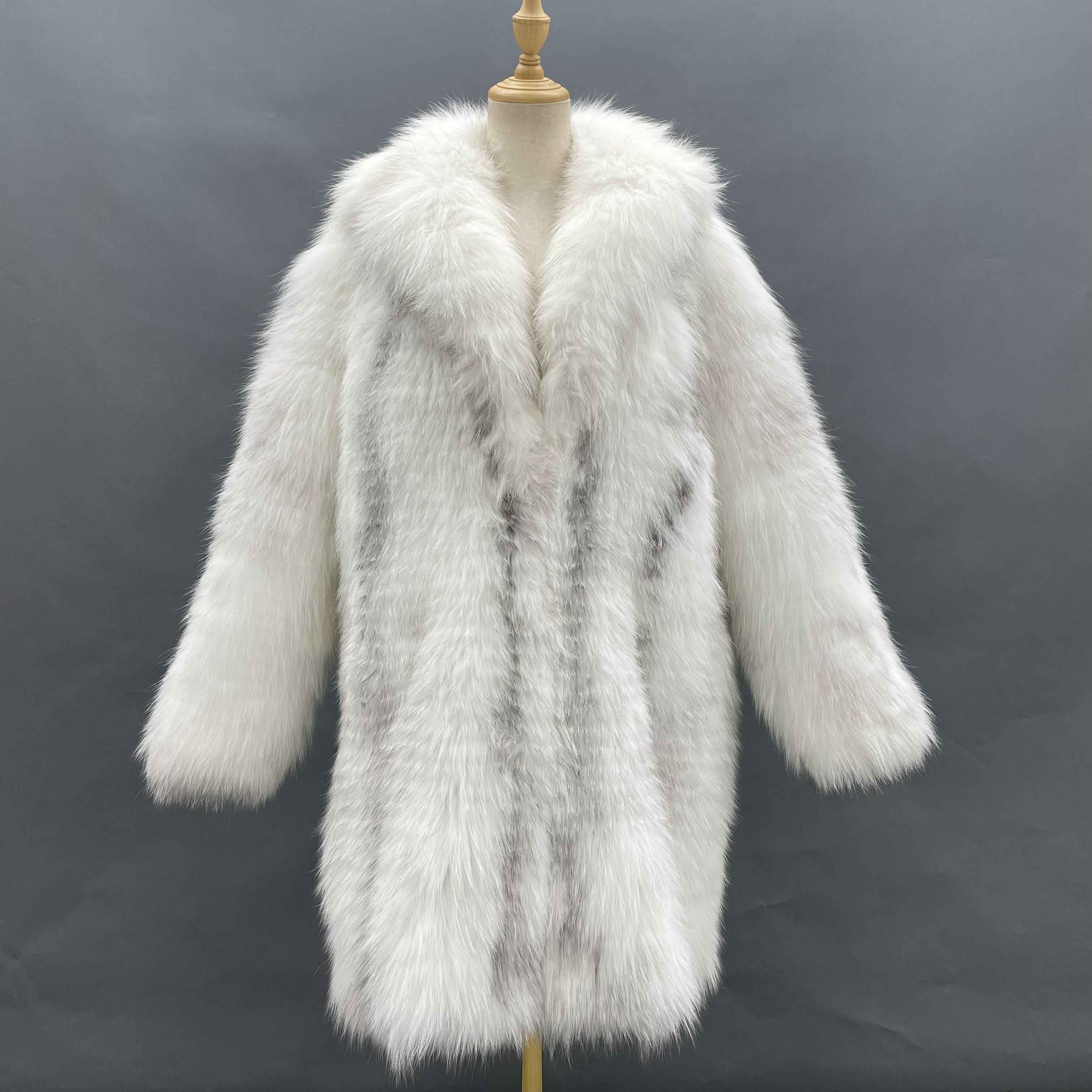 Women's Luxury Blue Frost Fox Fur Coat - Fine Striped Mid-Length Winter Fashion Warm Outerwear
