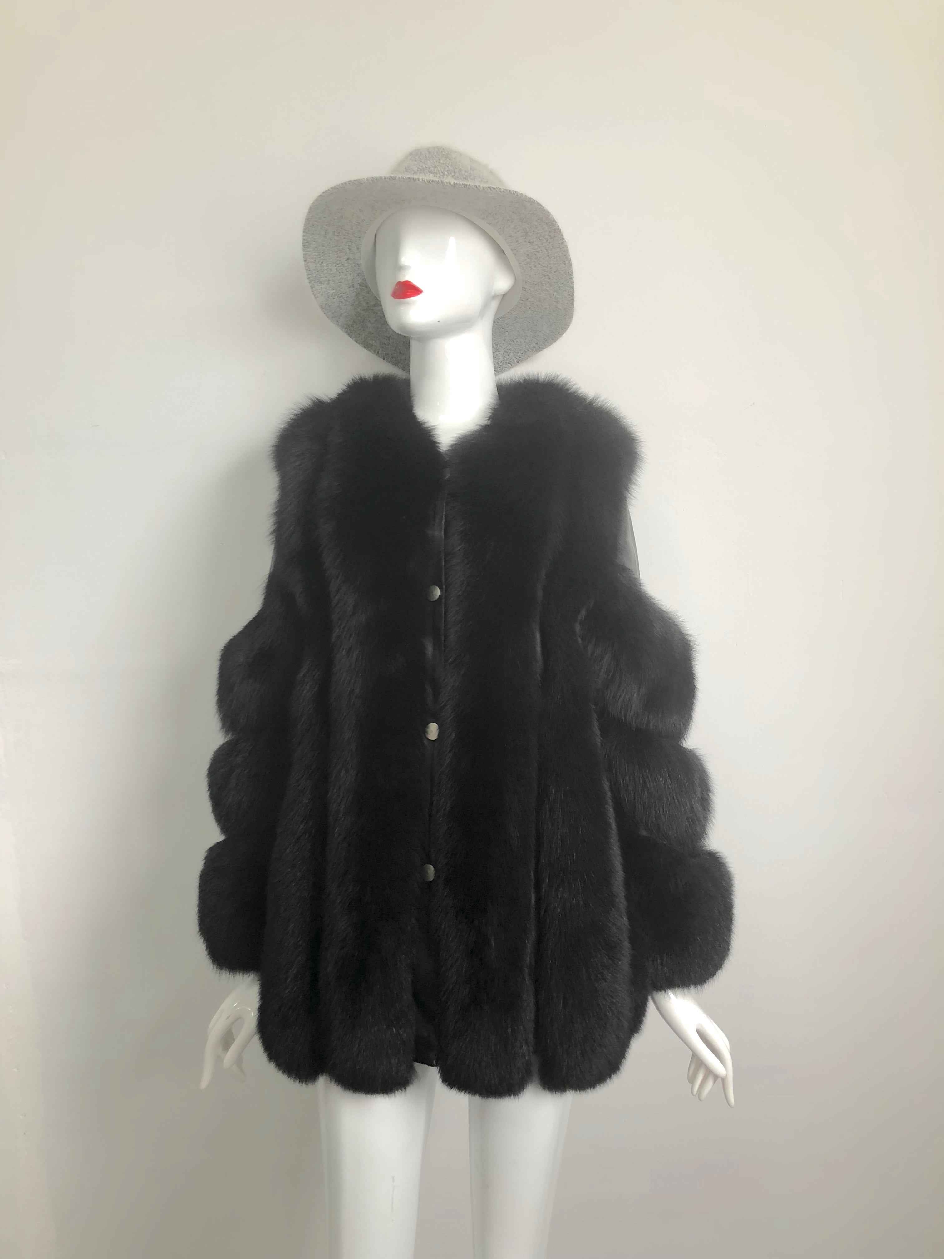Luxury Fox Fur Overcoat with Leather Strip Accents - Women's Cold Weather Outerwear Black
