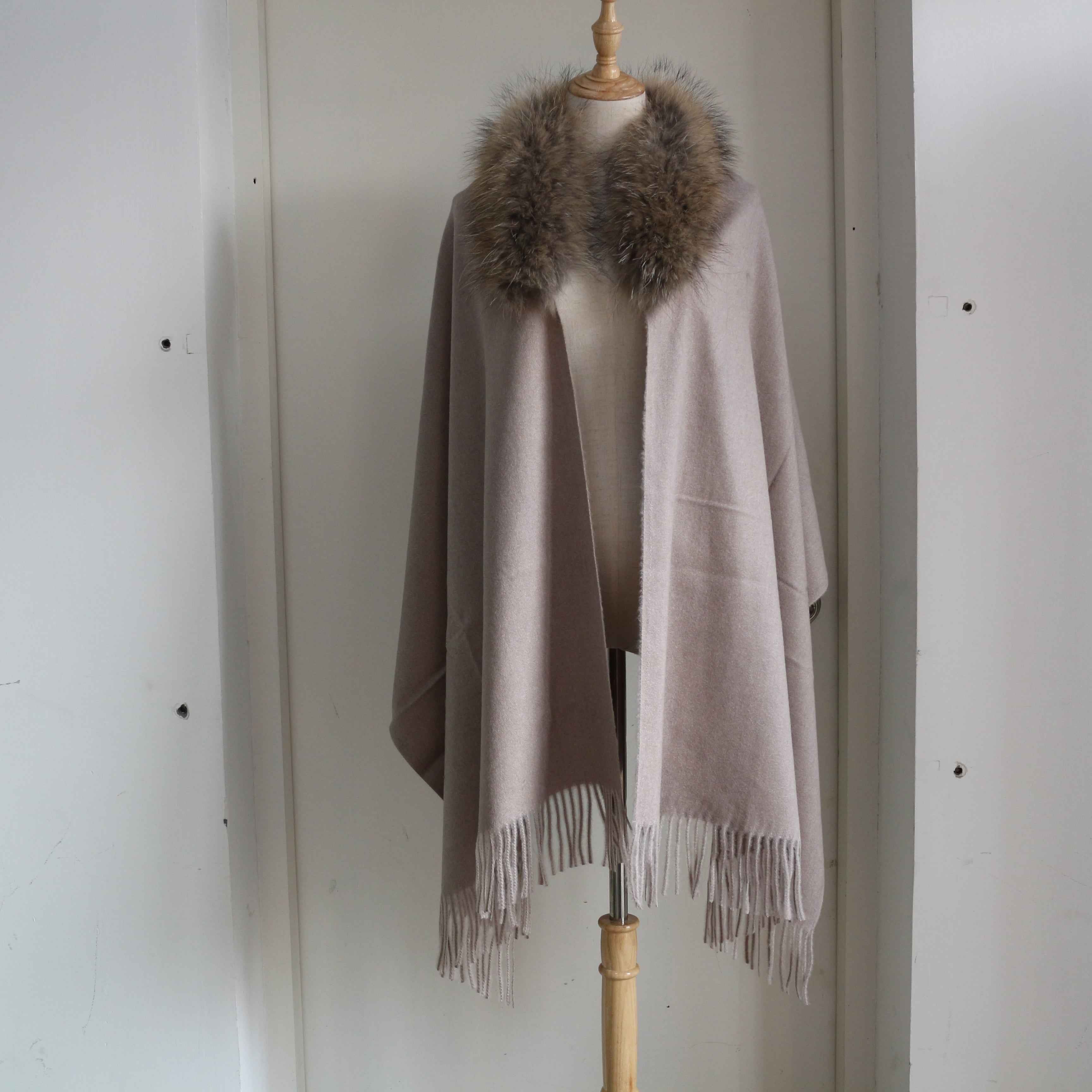Women's Luxurious Mink Fur Shawl with Raccoon Dog Fur Collar & Fringe Detail - Winter Fashion Accessory 10#Milk tea F