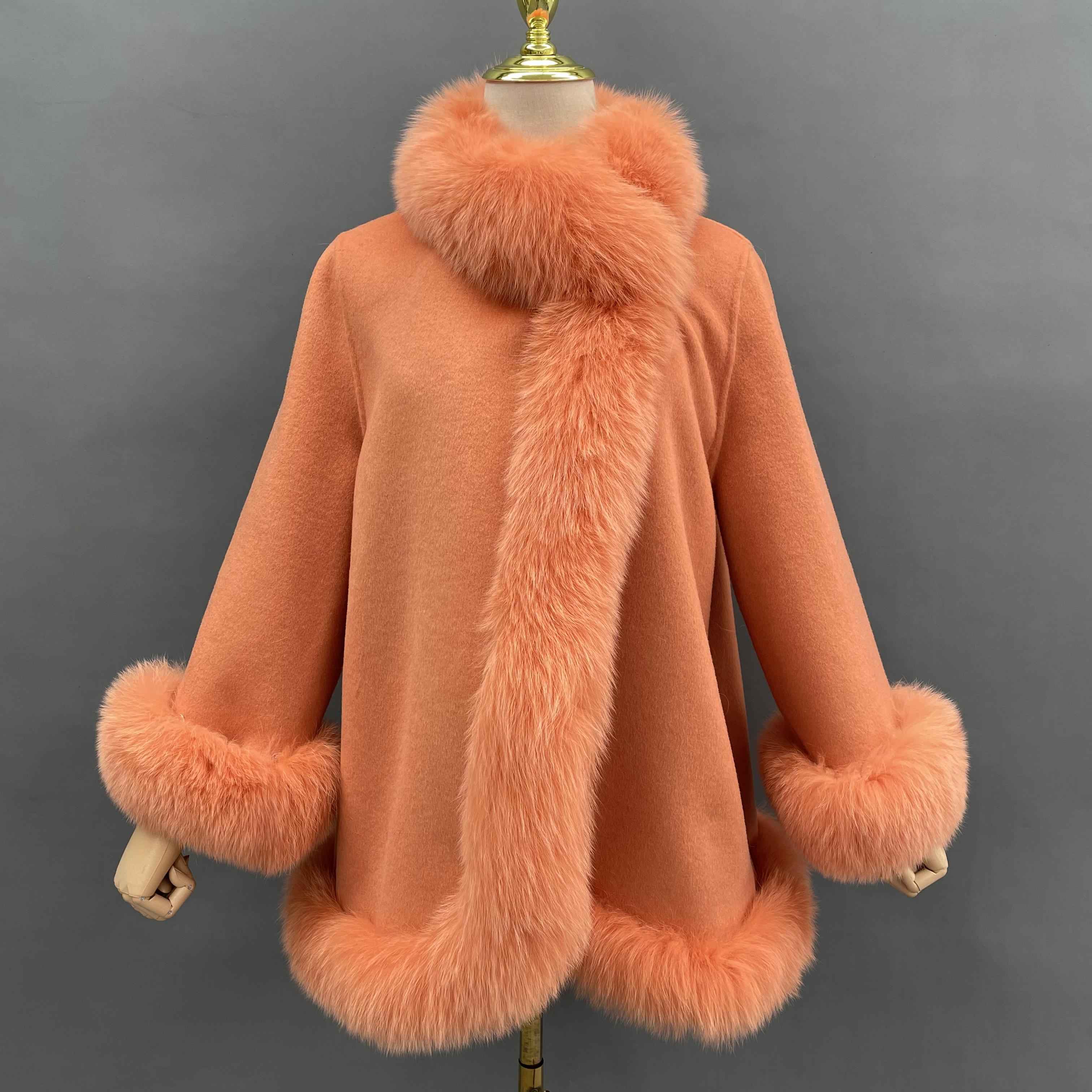 Women's Luxury Double - Faced Wool Cape with Fox Fur Trim
