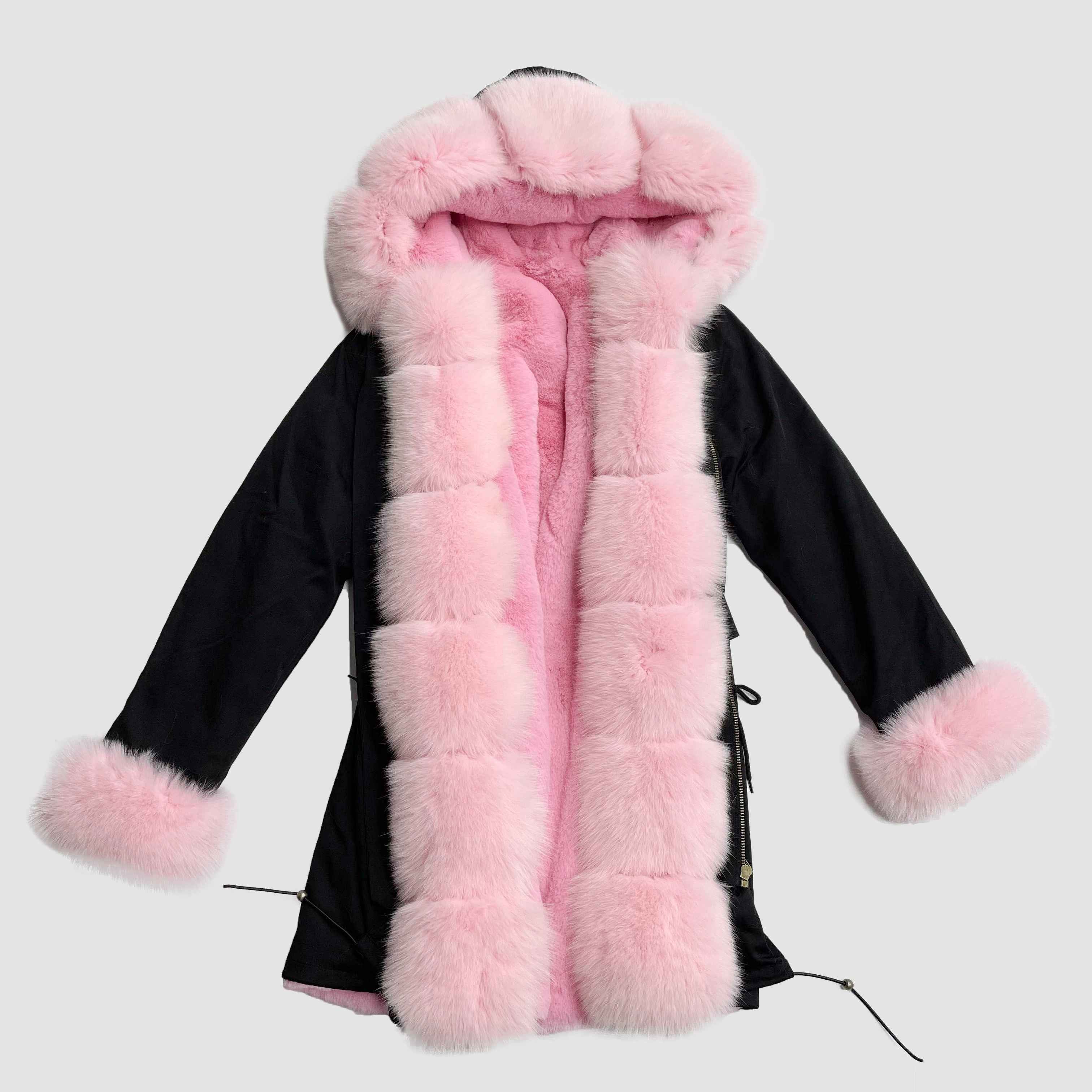 Long Black Parka with Pink Fox Fur Trim – Hooded Winter Coat for Women, Faux Fur Collar & Cuffs, Warm Oversize Outerwear