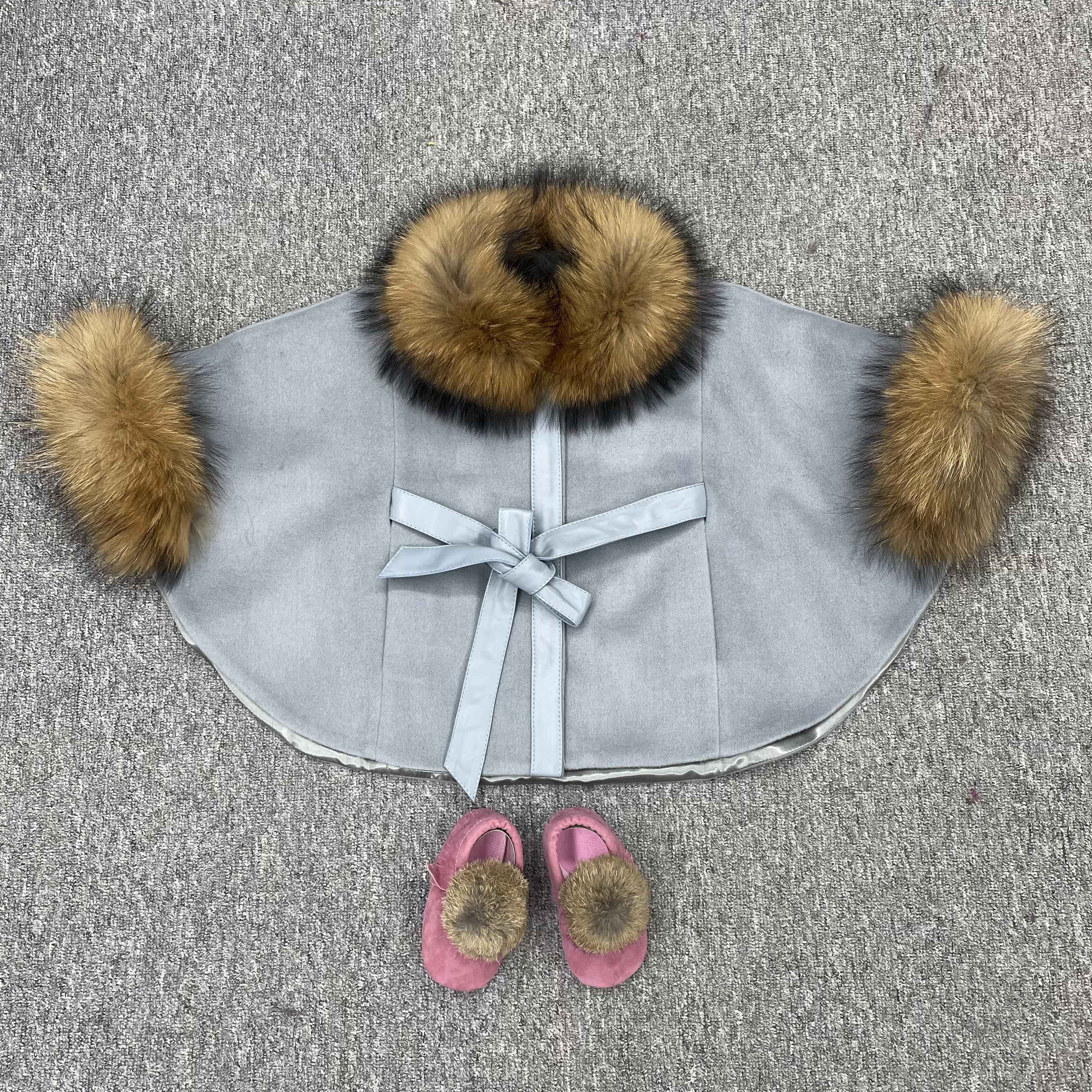 Children's raccoon fur shawl kid's Poncho Cape with fur