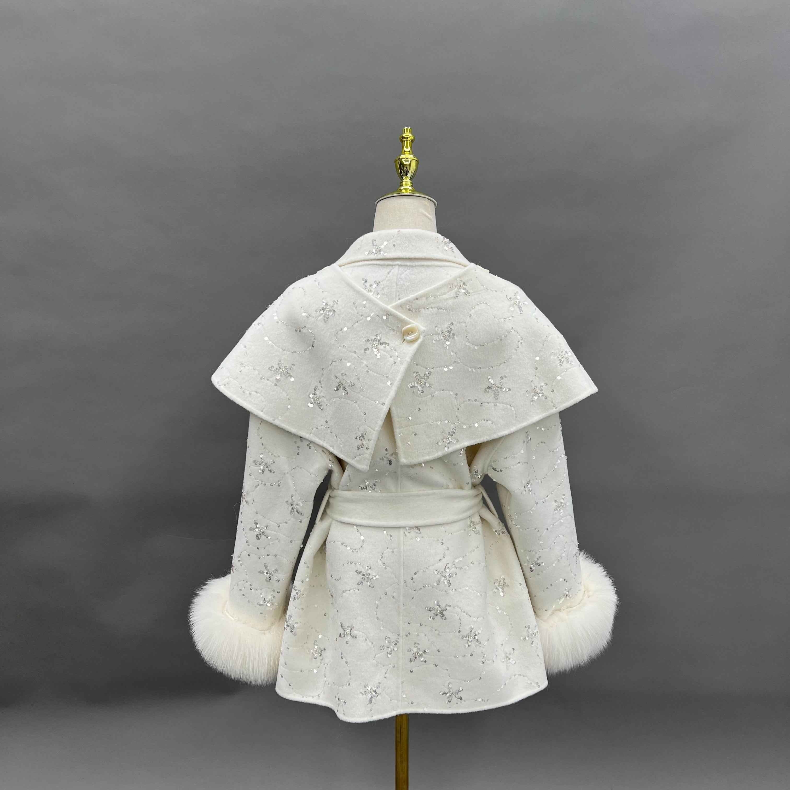 Women's Sequin Embellished Coat with Fox Fur Cuffs, Cape - Like Overlay & Self - Tie Belt, Elegant Winter Outerwear