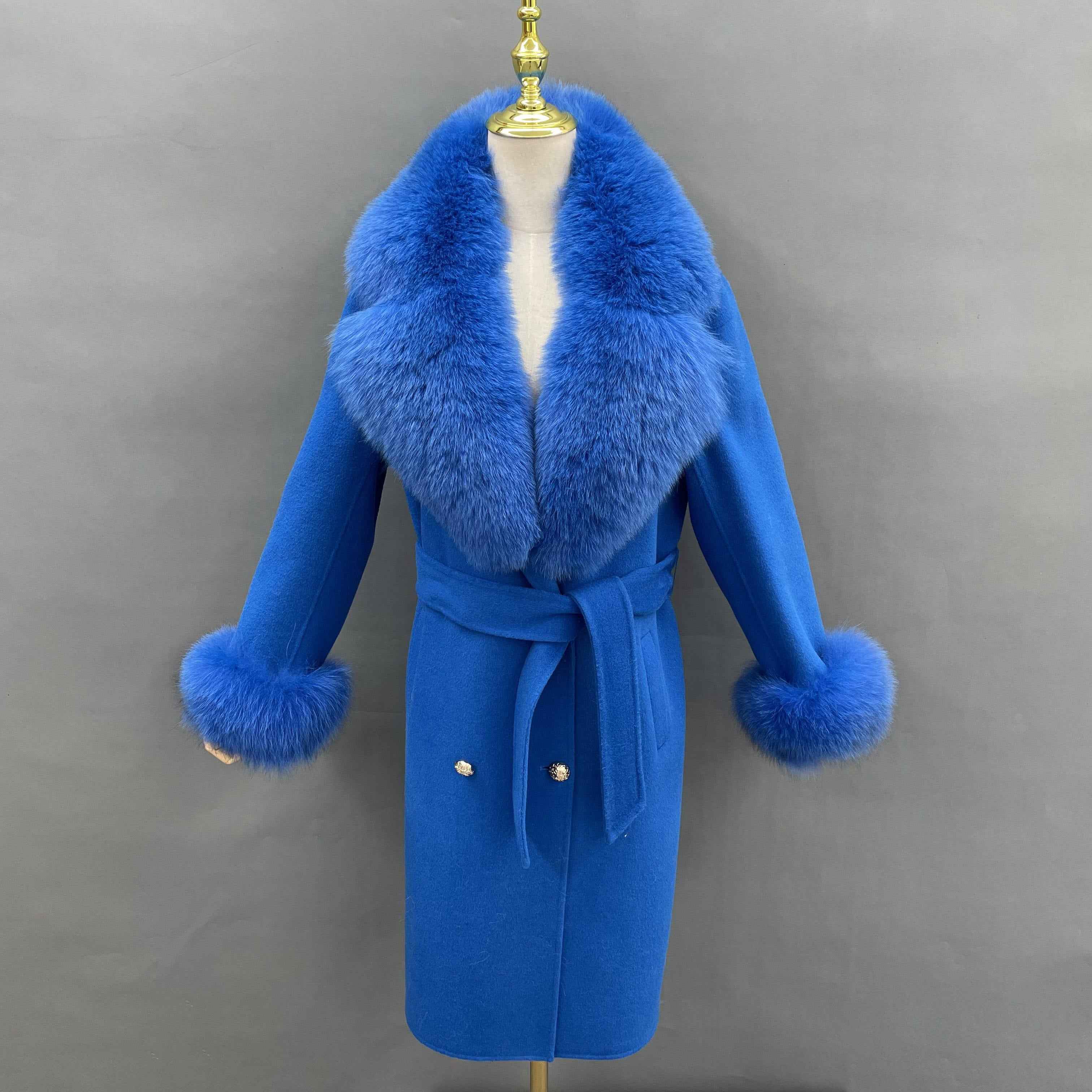 Double - Faced Wool Coat with Fox Fur Collar, Cuffs and Tie Waist