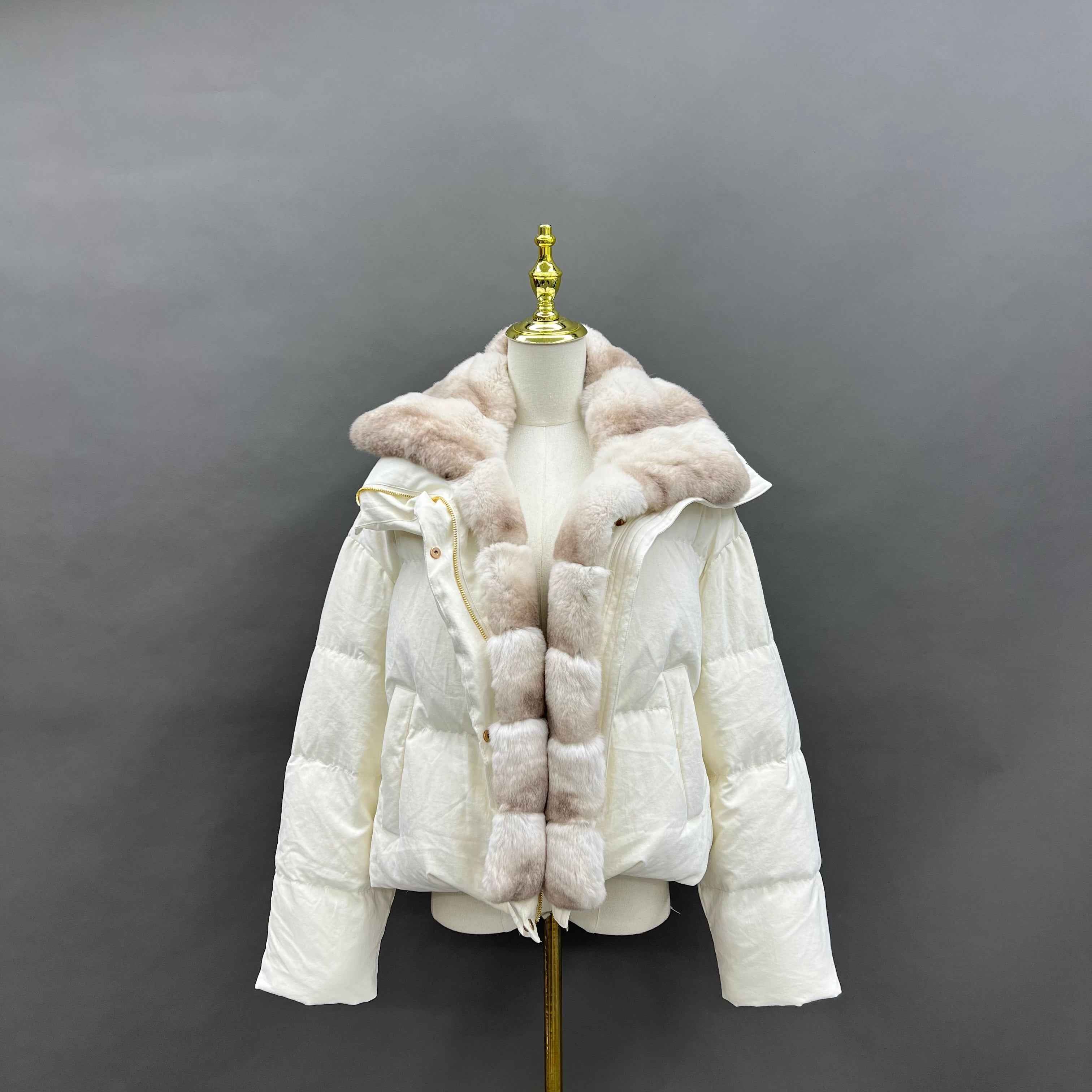 Women's Down Jacket with Rabbit Fur - Trimmed Collar and Placket