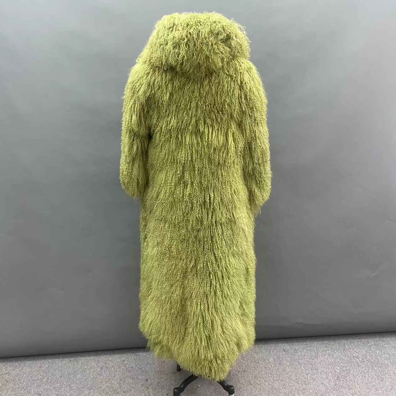 Women's Hooded Long Pink Mongolian Lamb Fur Coat – Full-Length Curly Hair, Elegant Winter Outerwear for Women