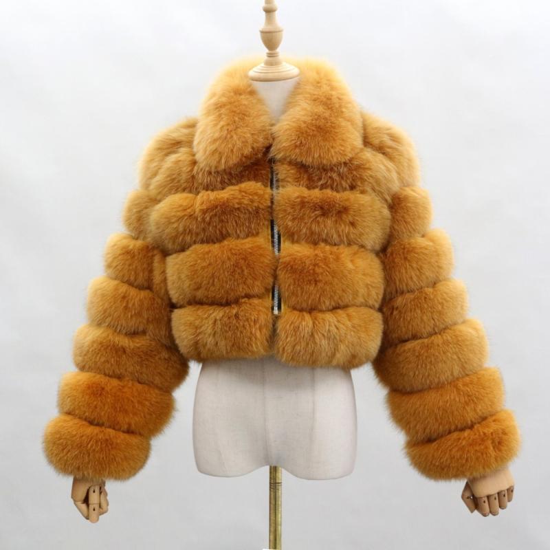 Women's Short Zip Fox Leather Jacket Square Neck Fluffy Fashion Coat - Janefur