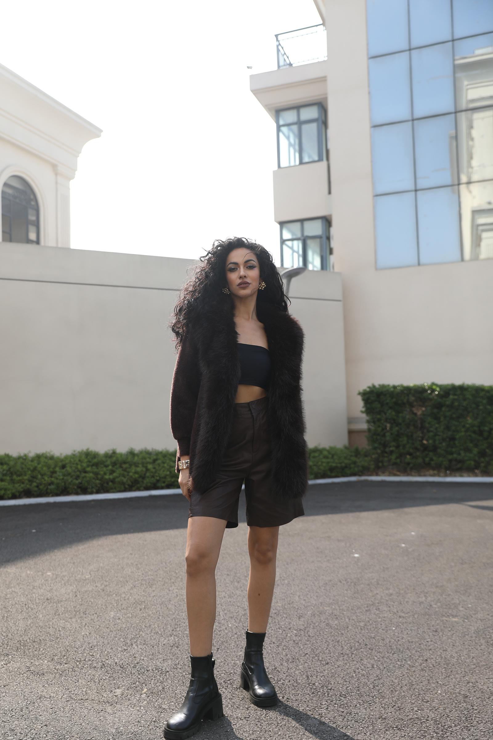 Women's Fox Pile Knit Coat with Faux Mink Placket and Faux Fur Collar - Janefur