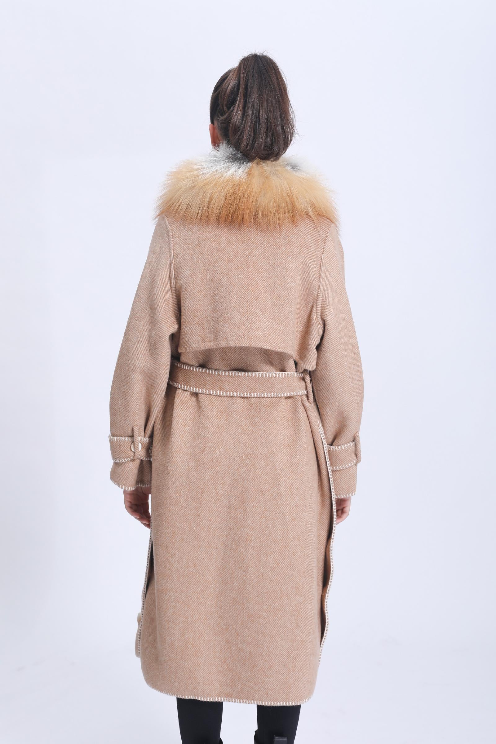 Women's Double-faced Wool Coat with Luxurious Silver Fox Fur Collar Cashmere Jacket - Janefur