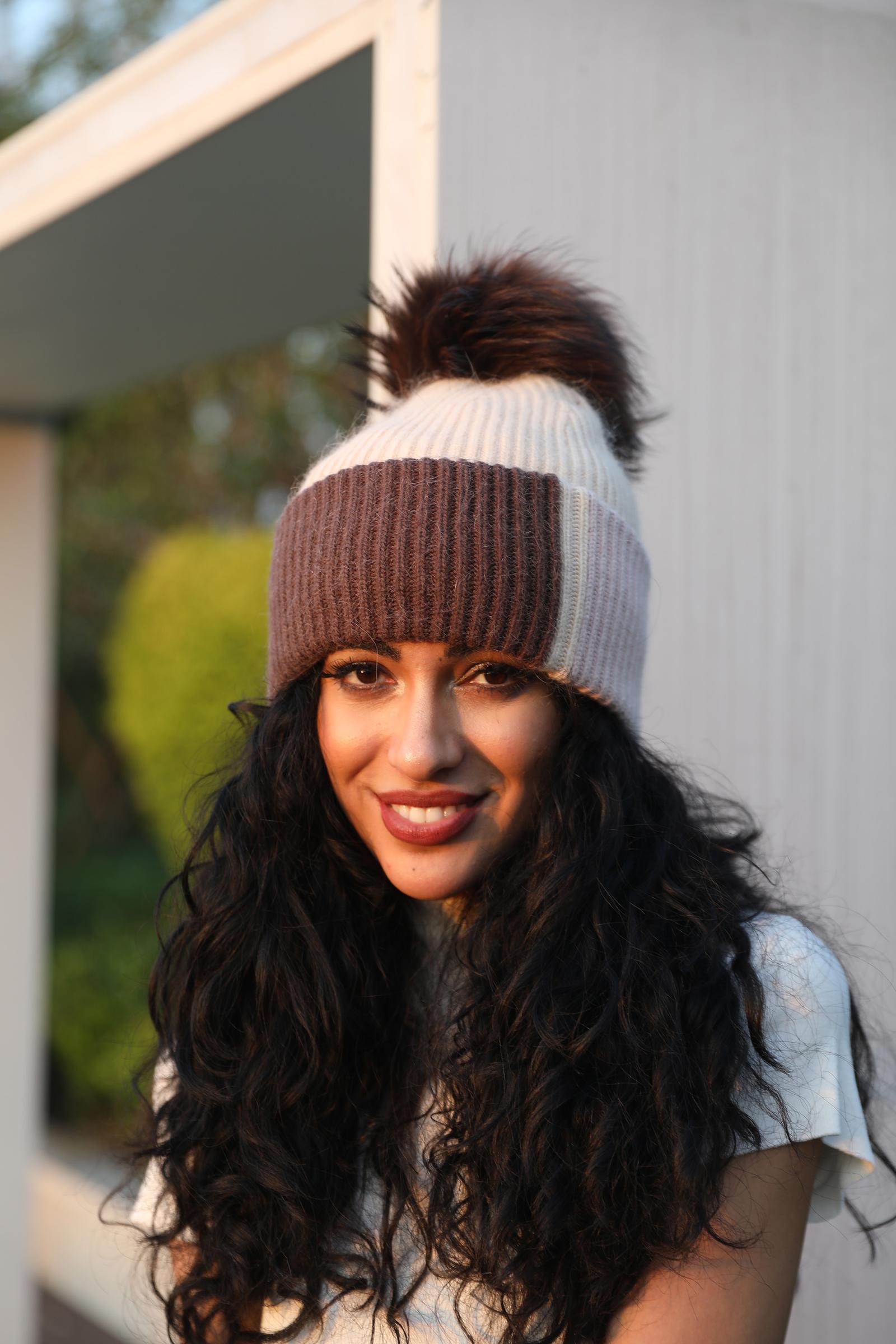 Women's Color-Blocked Trendy Rabbit Fur Hat with Pom Poms for Warmth - Janefur