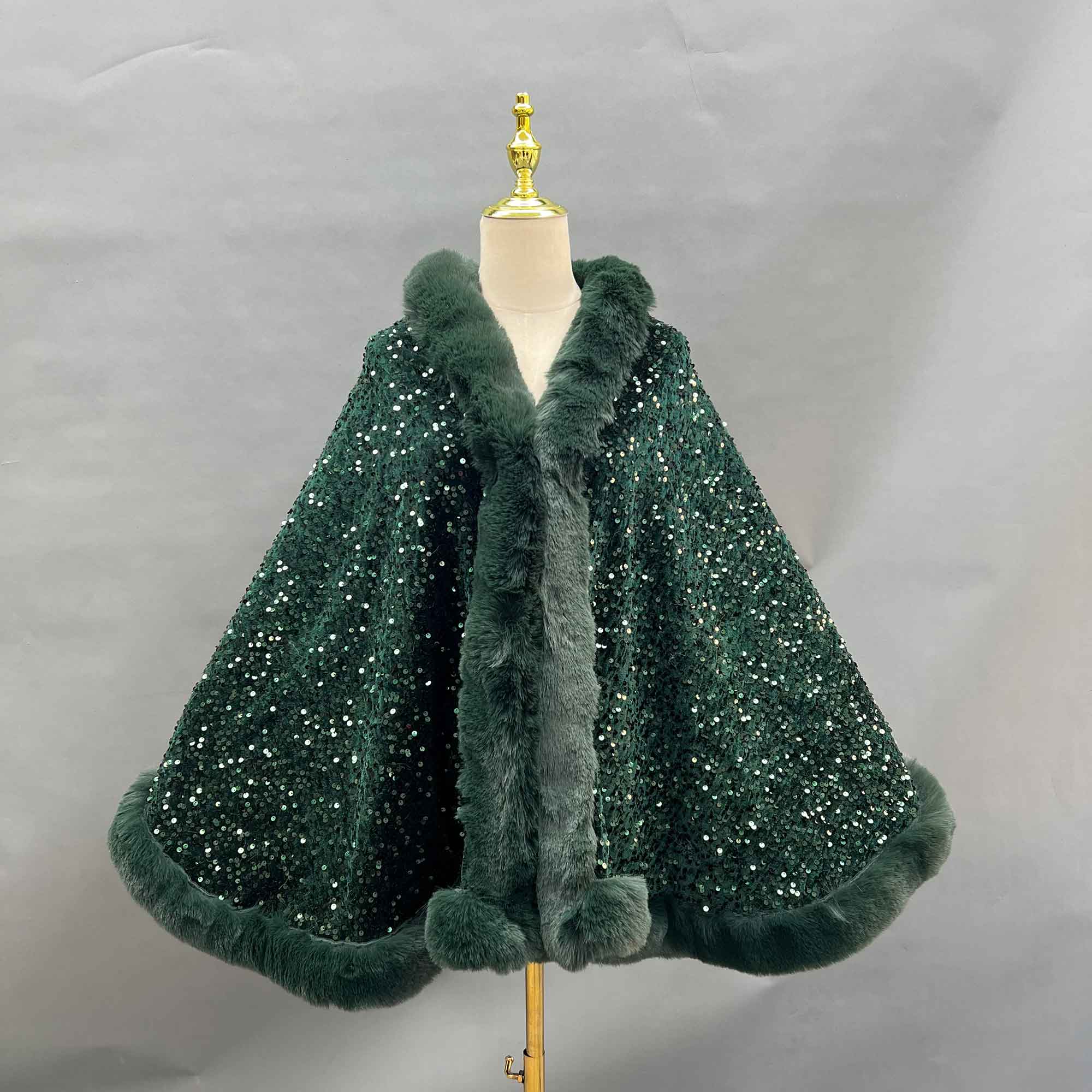 Janefur Fashionable Warm Faux Fur Sequined Cape Shawl - Janefur