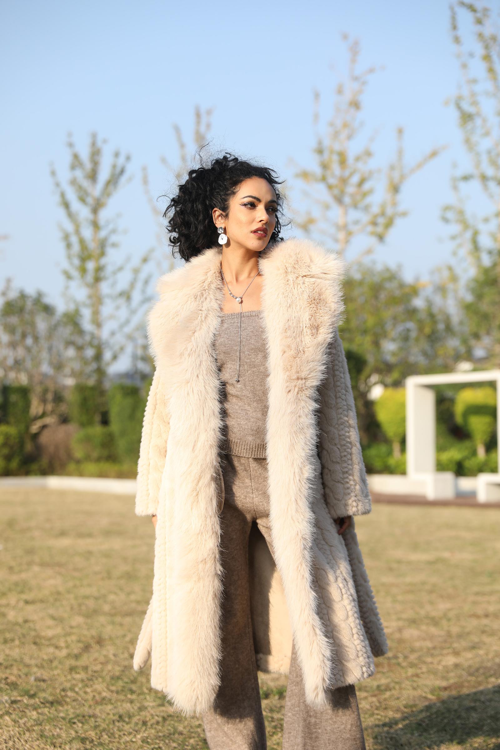 Eco-Friendly Faux Mink Fur Women's Long Coat with Suit Collar and Placket - Janefur