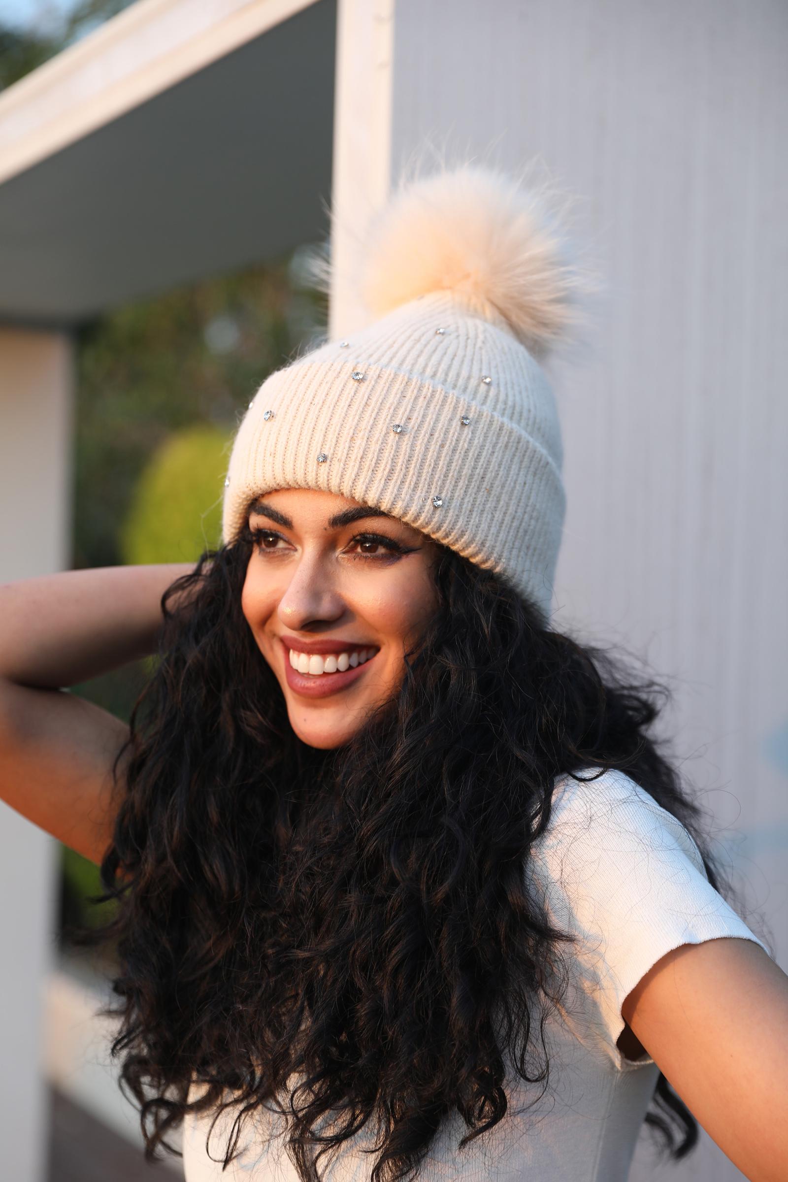 Women's Warm and Casual Rabbit Fur Hat with Sparkling Fur Pompoms - Janefur
