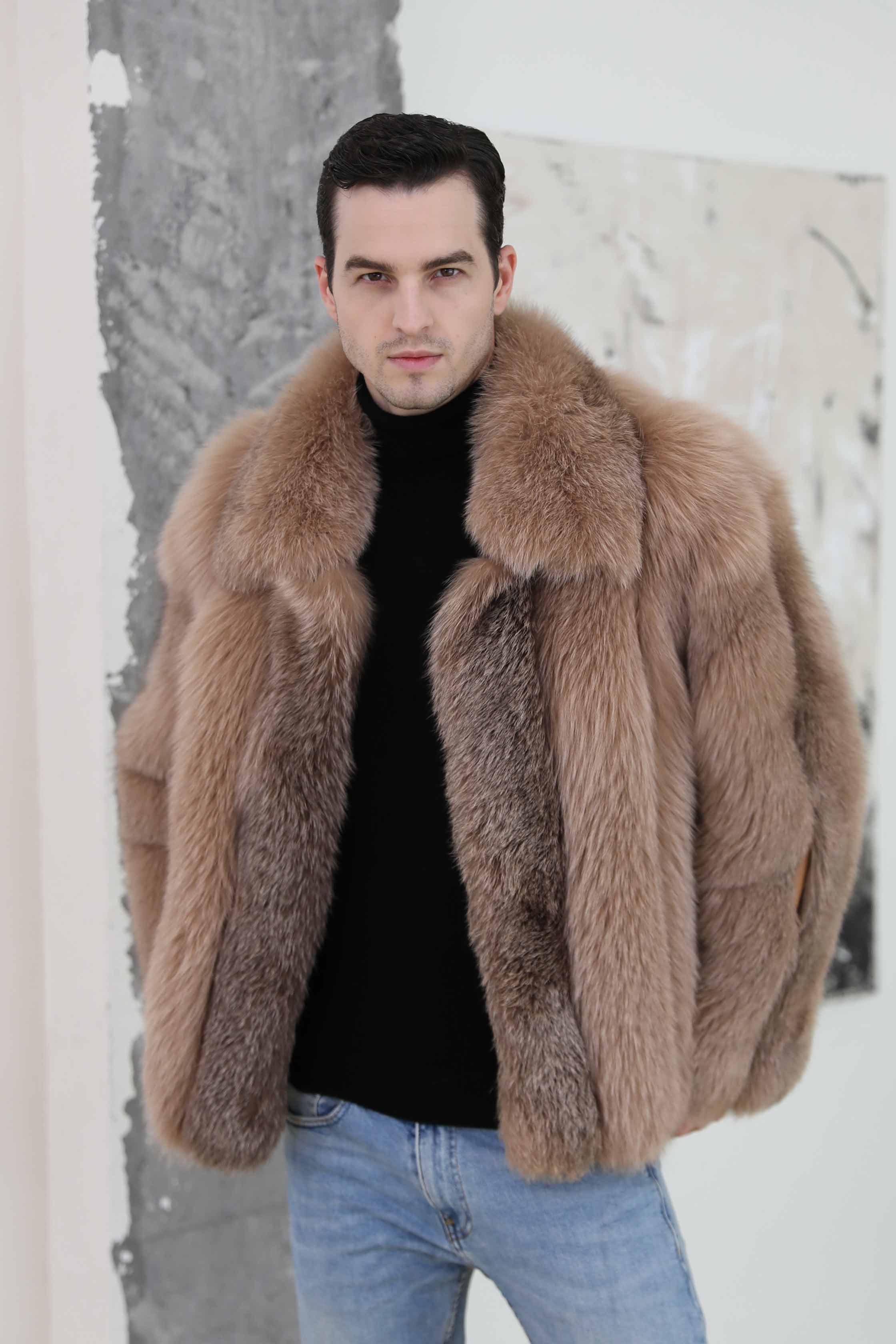 Men's Warm Fox Fur Coat Vertical Stripe High-quality Coat - Janefur