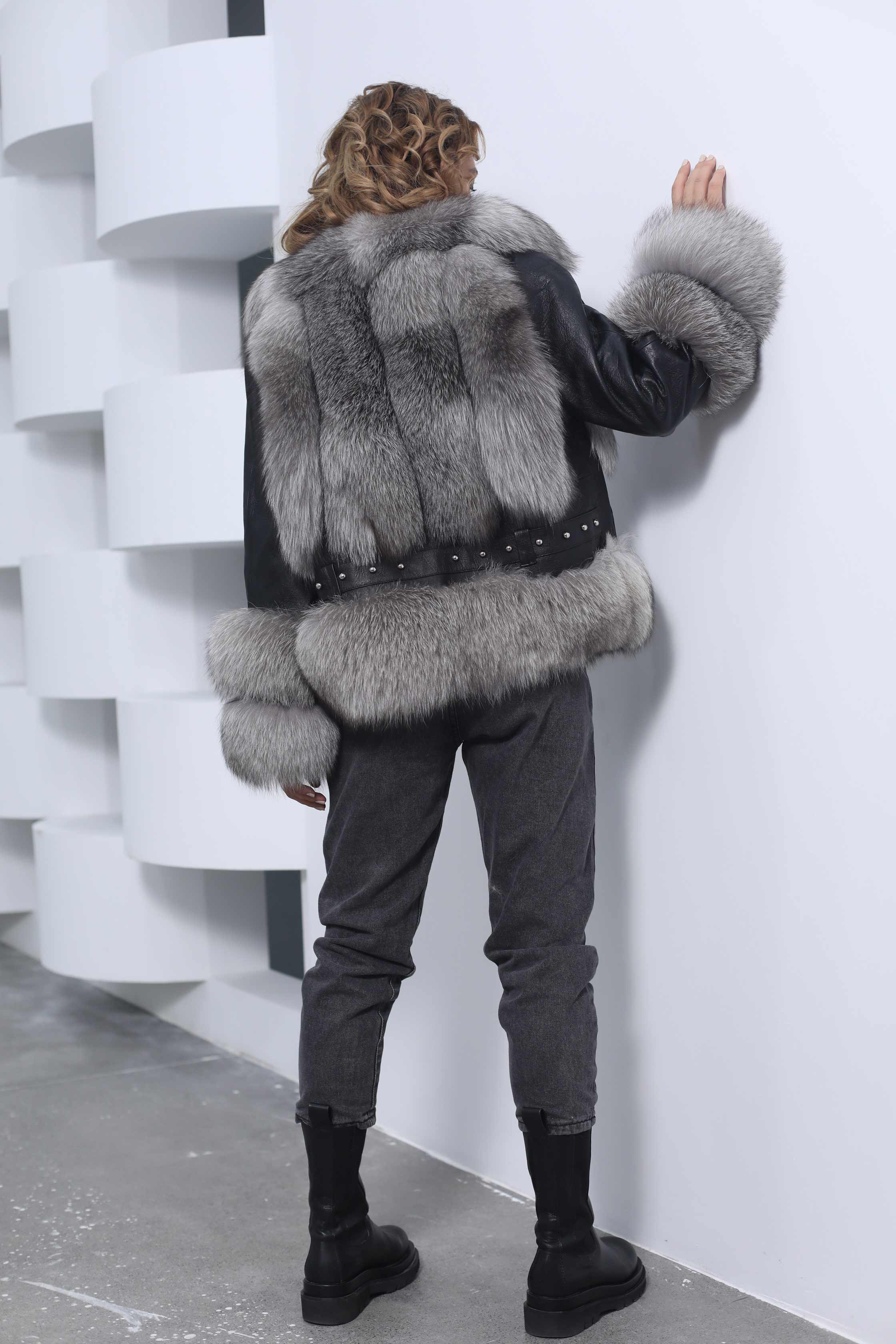 Women's Leather Coat With Fox Fur Collar Zipper - Janefur