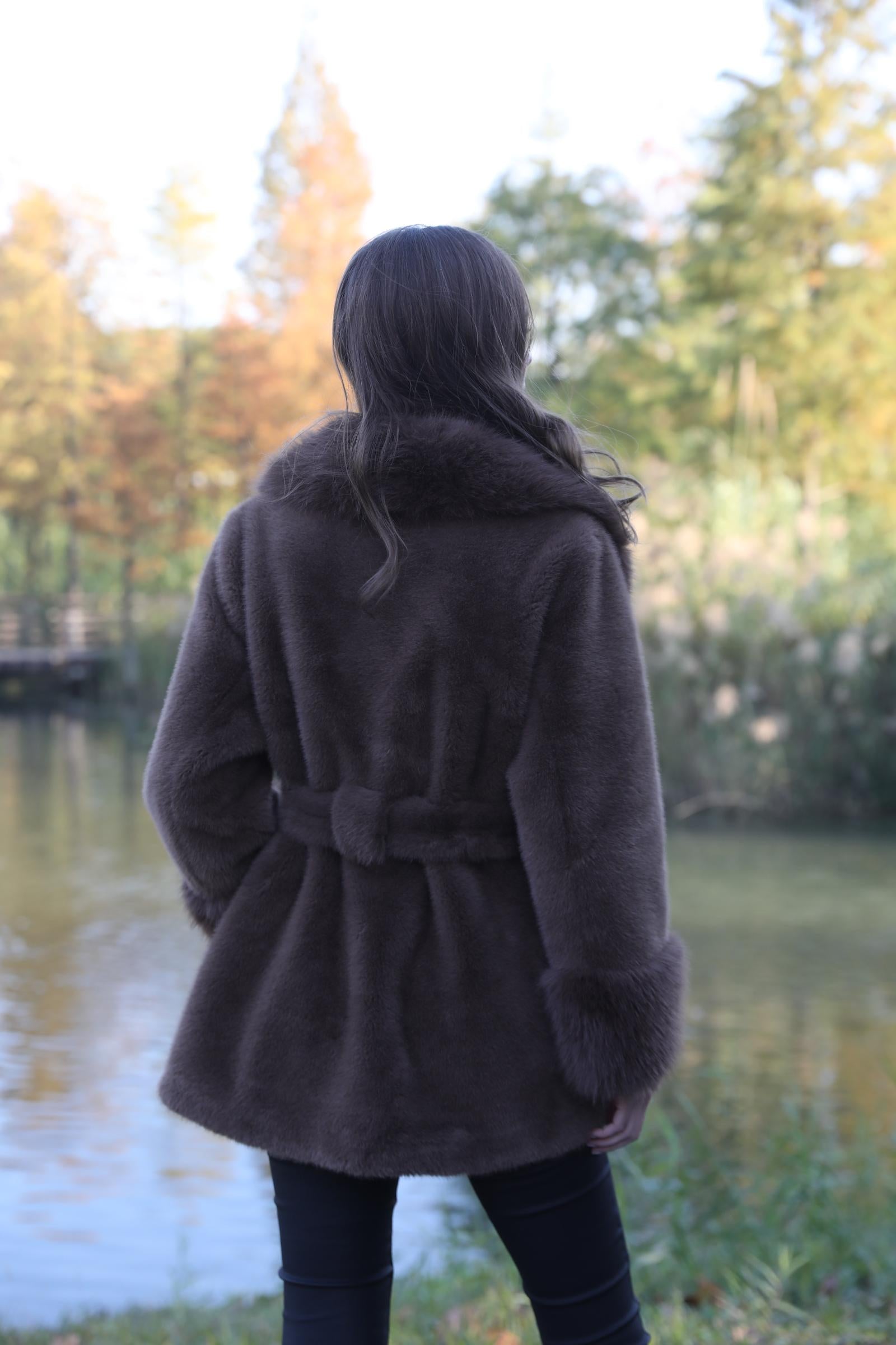Women's New Brown Stylish Lapel Faux Fur Mink Coat - Janefur