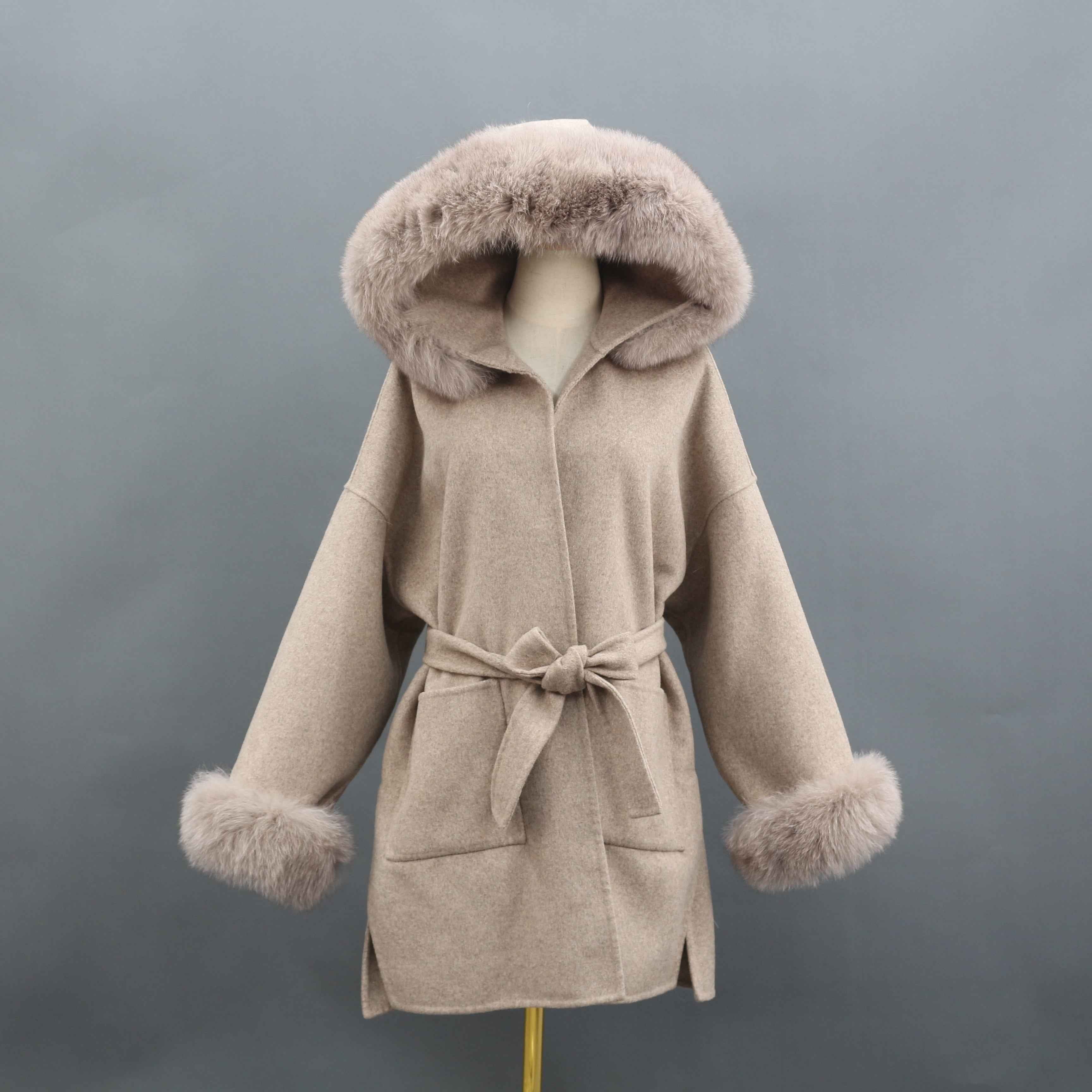 Short Length Hooded Double-faced Wool Coat with Large Pockets - Janefur
