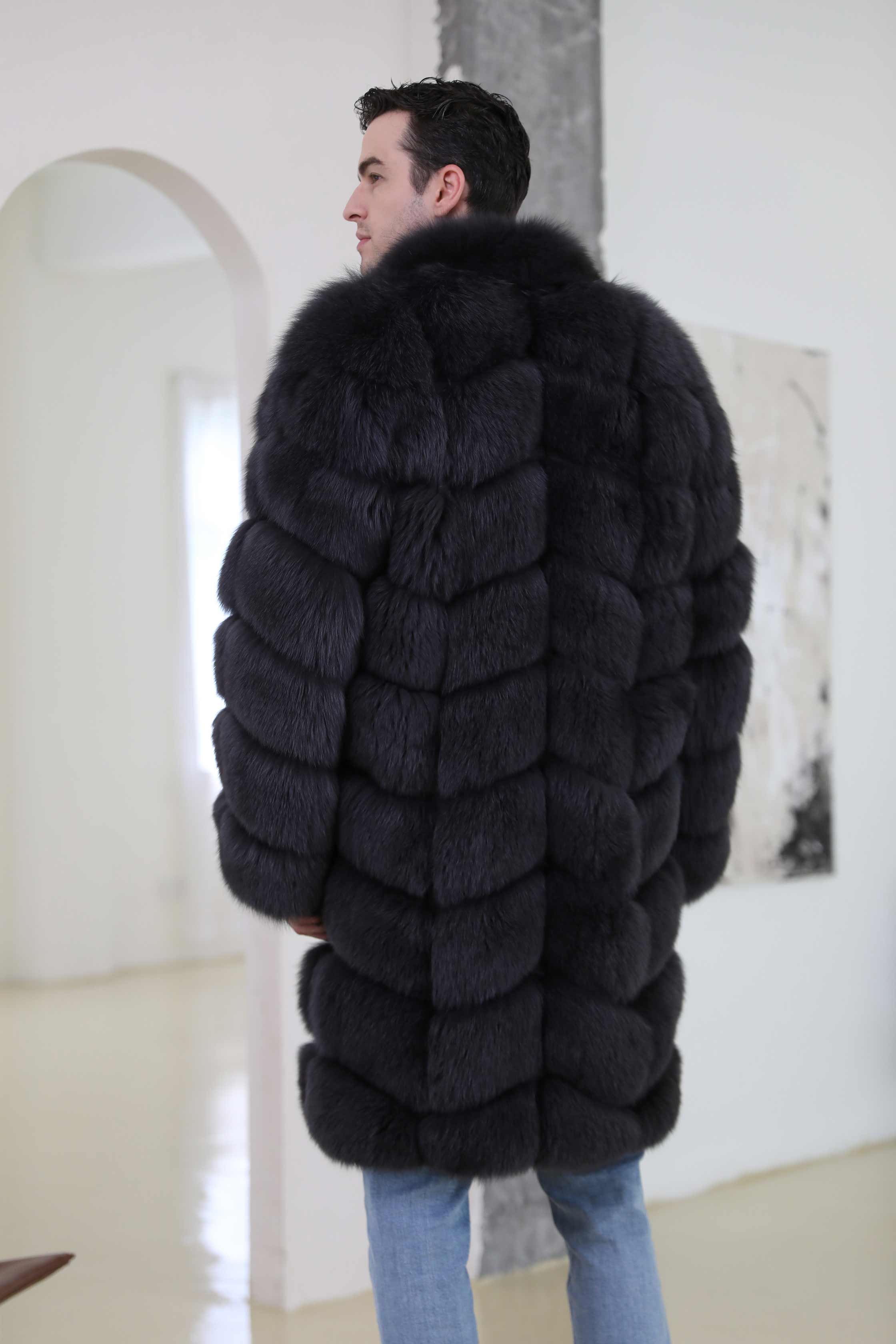 Warm Winter Men's Long V-neck Luxury Real Fox Fur Coat - Janefur