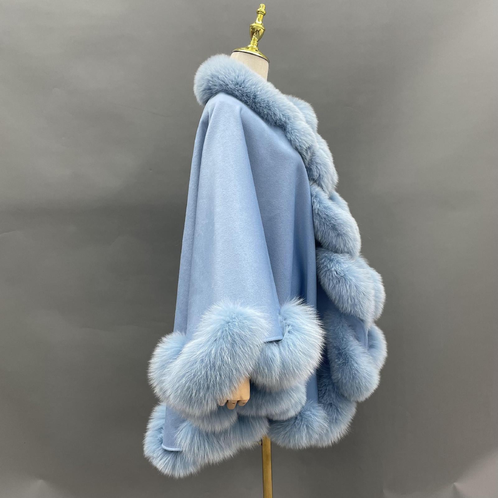 Full Wool Cashmere Cape with Real Fox Fur Fashionable Luxurious Soft Shawl for Women's Coat - Janefur